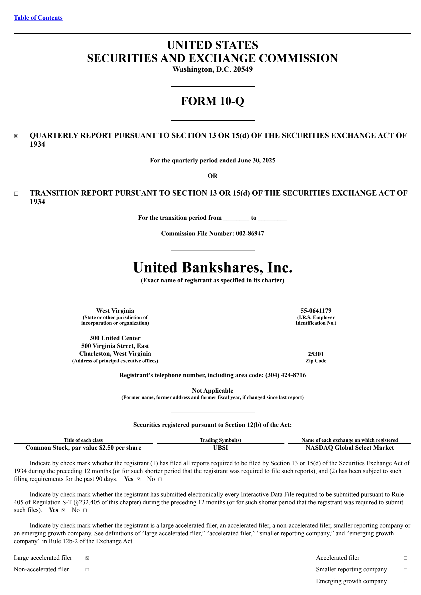 United Bankshares' Q2 2025 Quarterly report