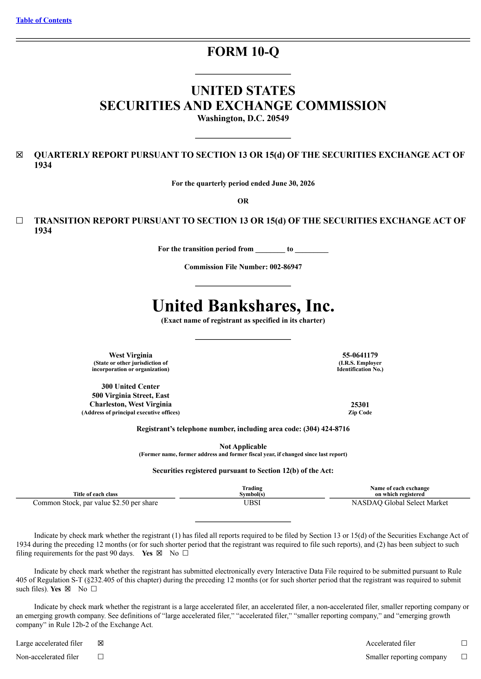 United Bankshares' Q2 2026 Quarterly report