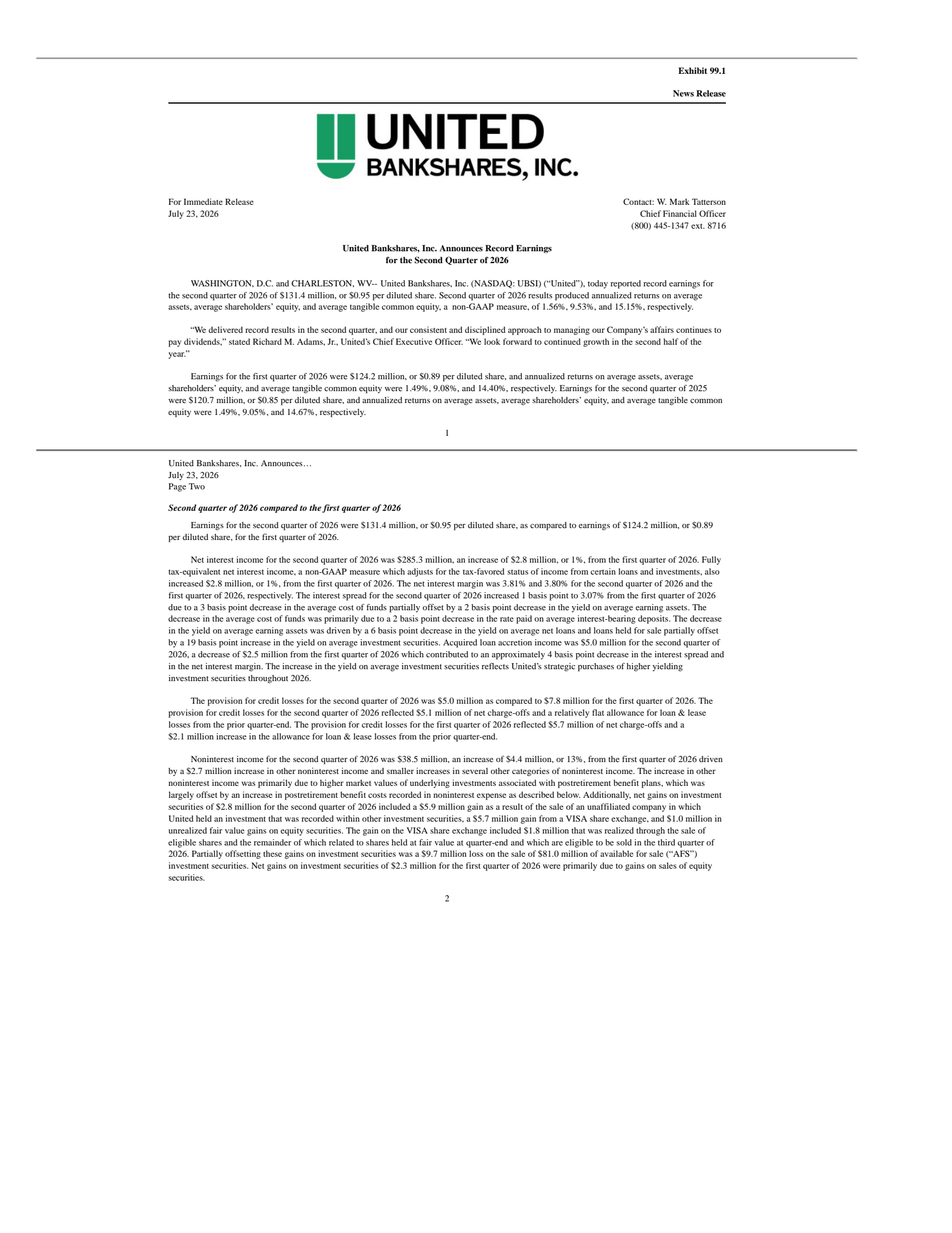 United Bankshares' Q2 2026 Press Release