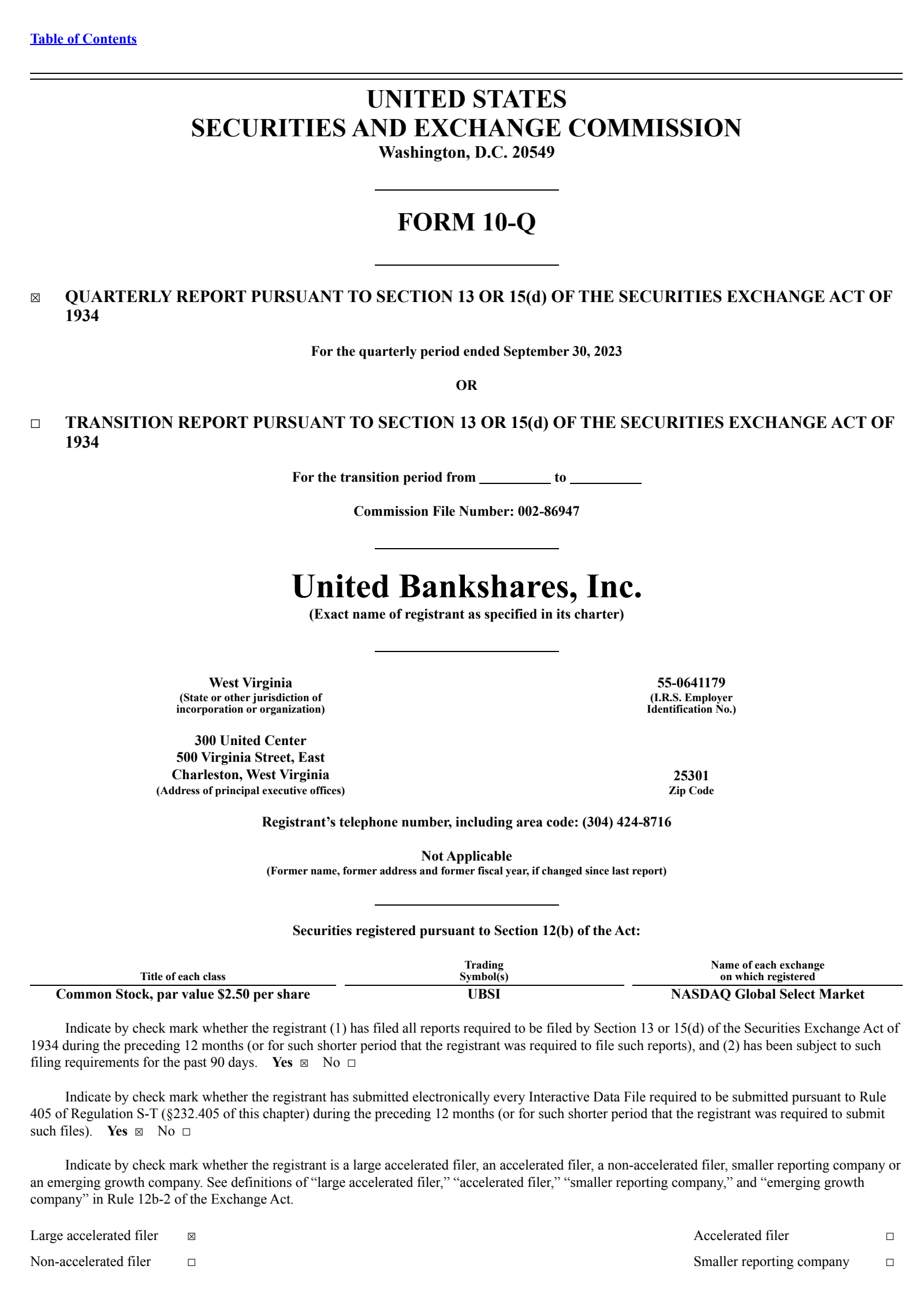 United Bankshares' Q3 2023 Quarterly report