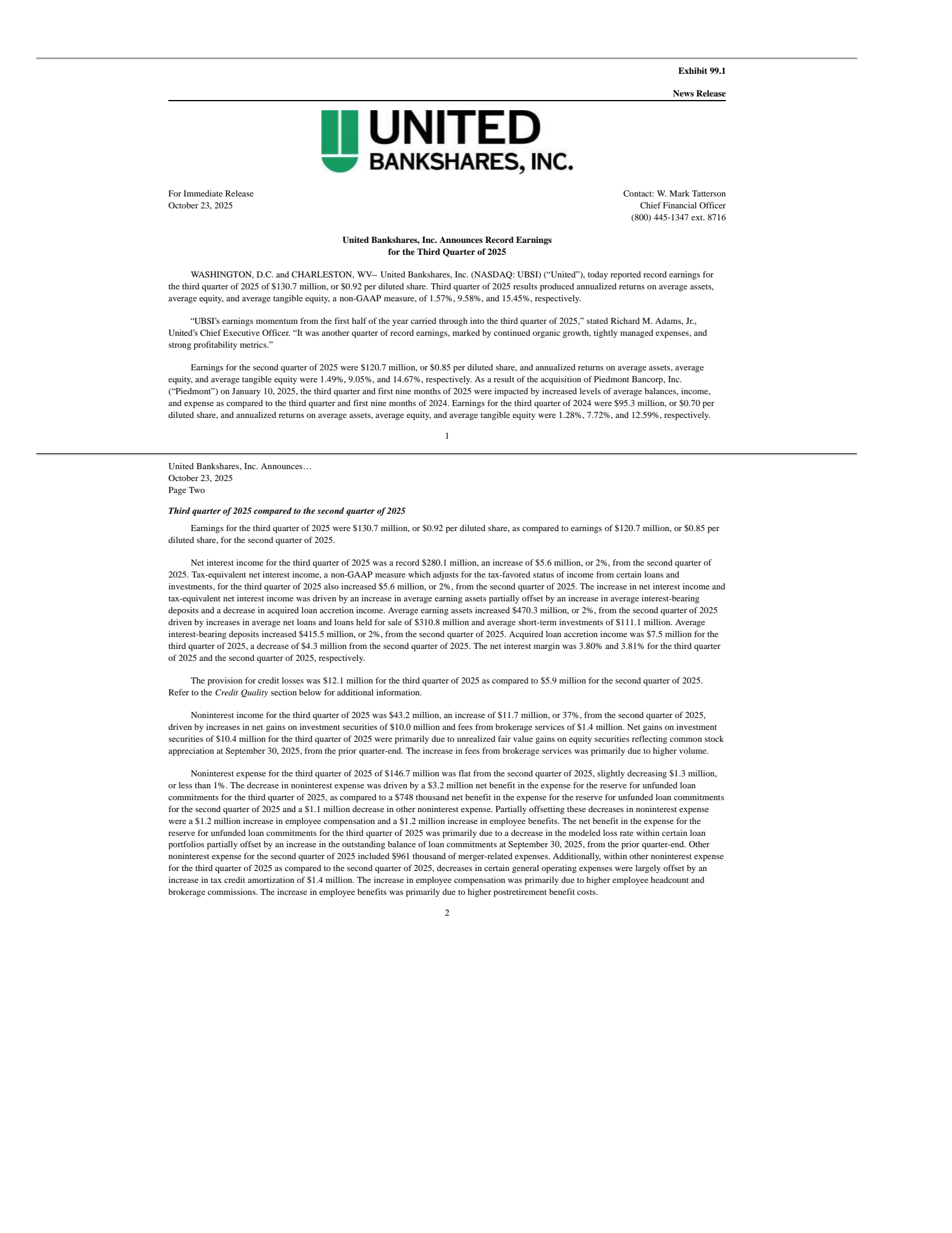 United Bankshares' Q3 2025 Earnings Release