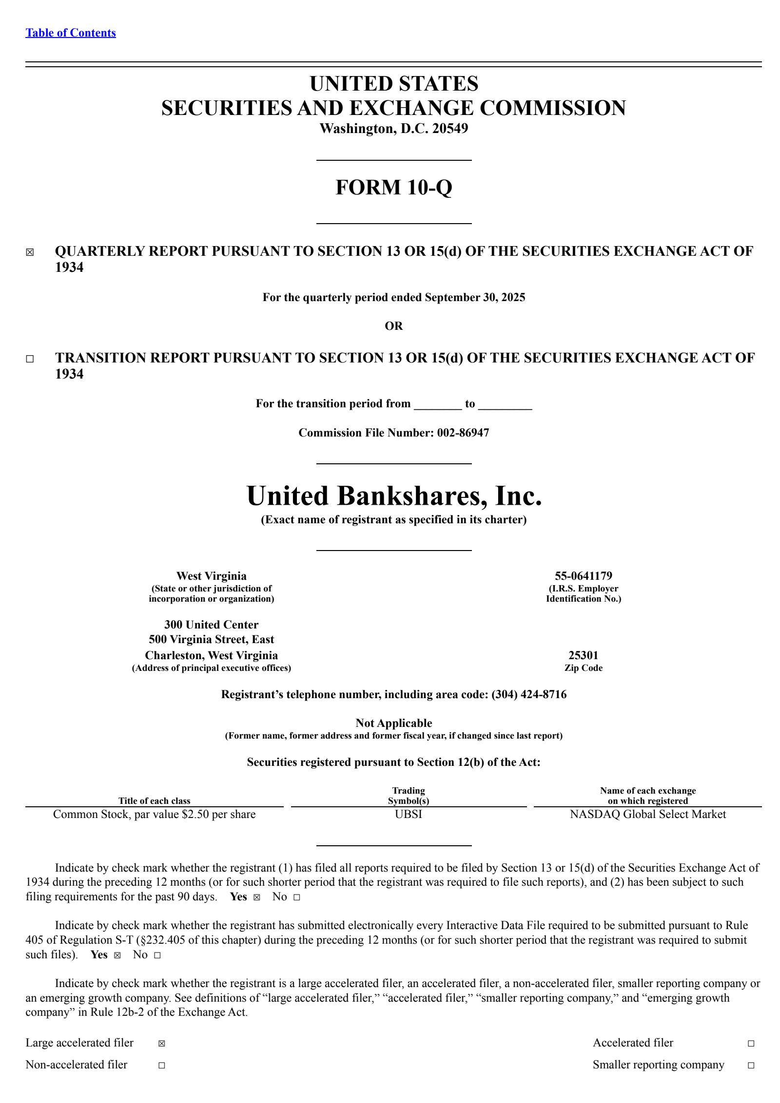 United Bankshares' Q3 2025 Quarterly Report