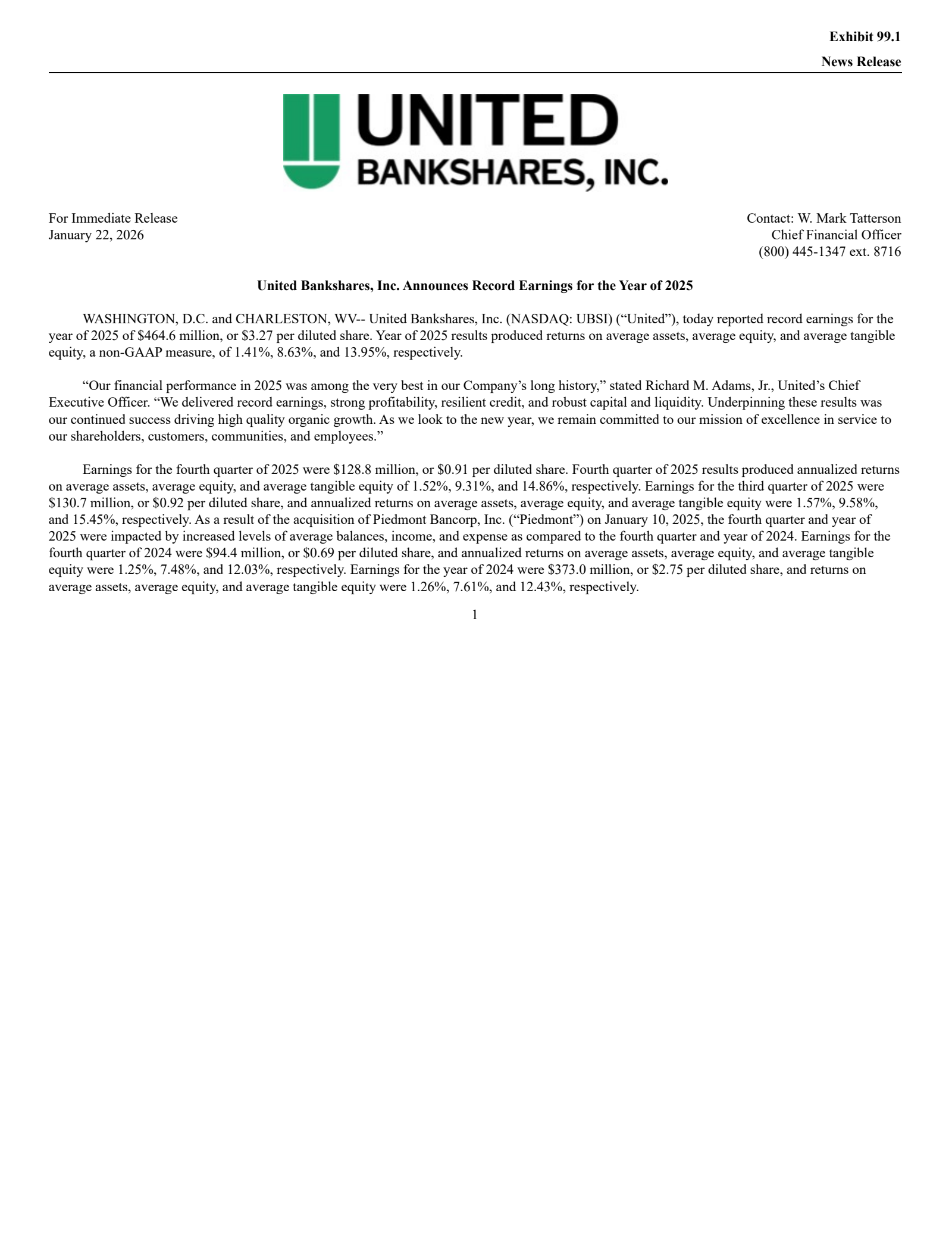 United Bankshares' Q4 2025 Press Release