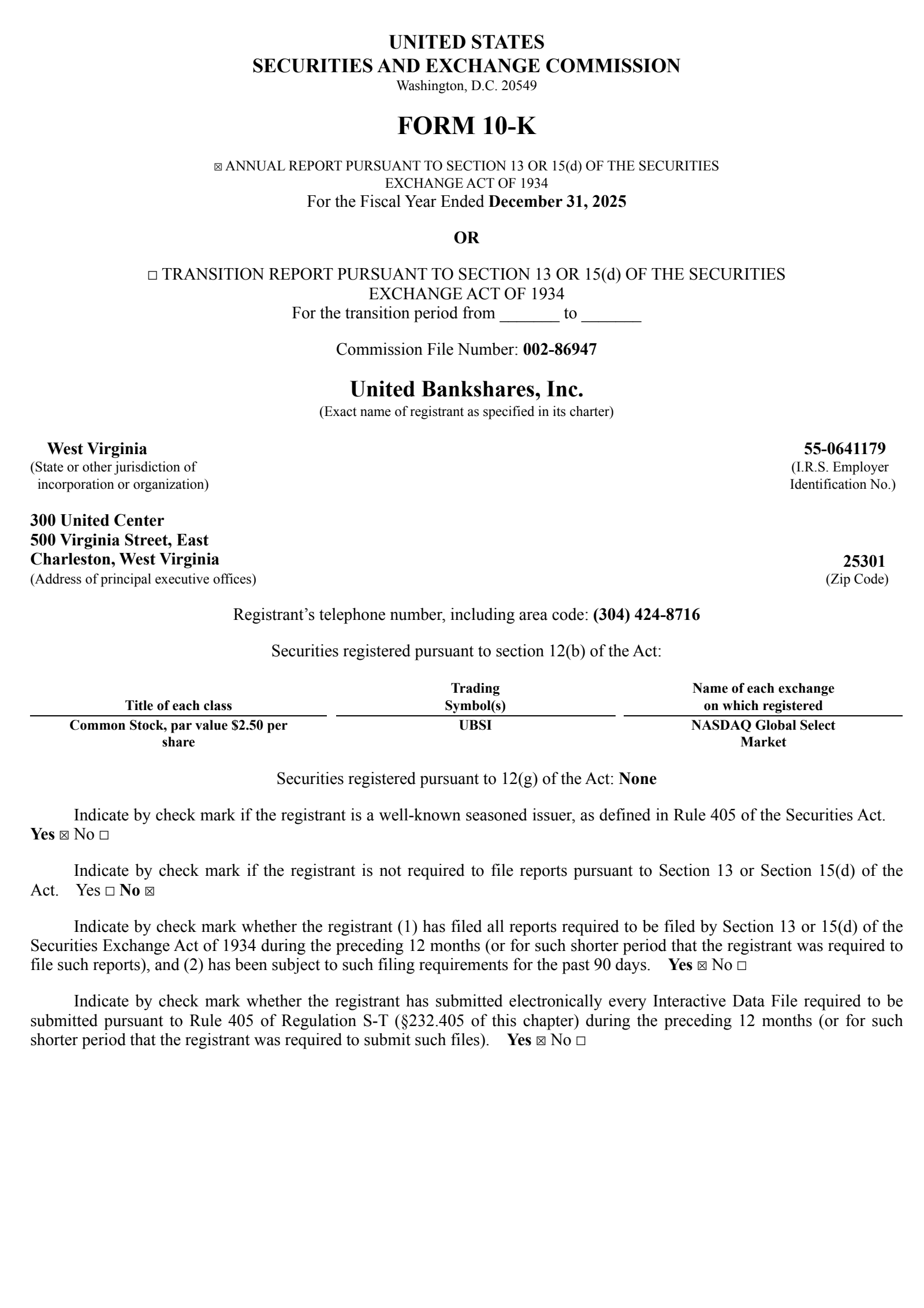 United Bankshares' Q4 2025 Annual report