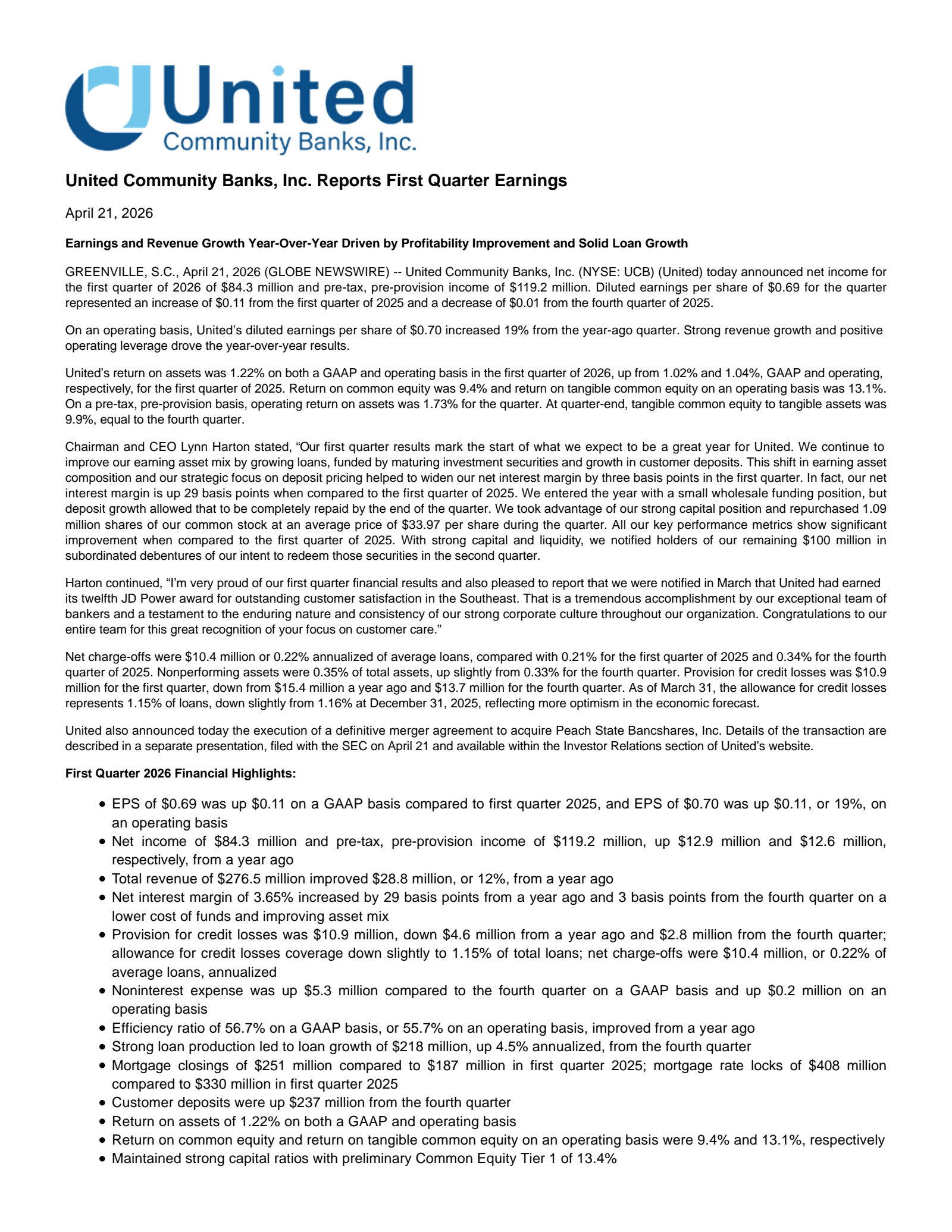 United Community Banks' Q1 2026 Press Release