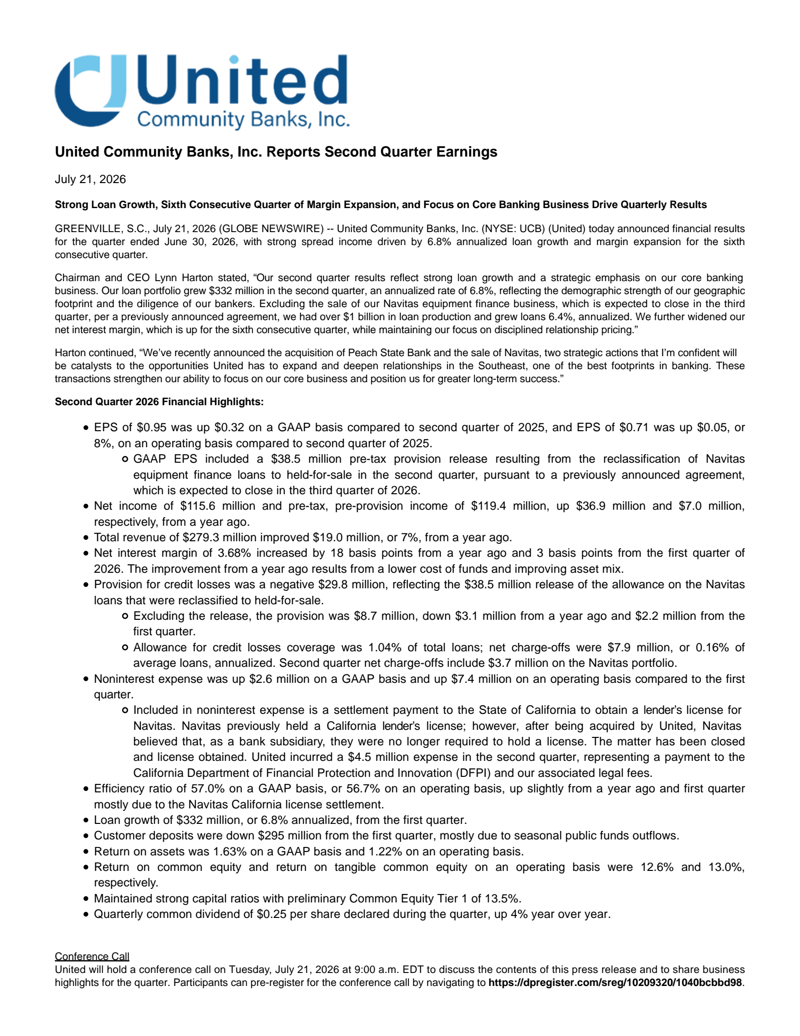 United Community Banks' Q2 2026 Press Release