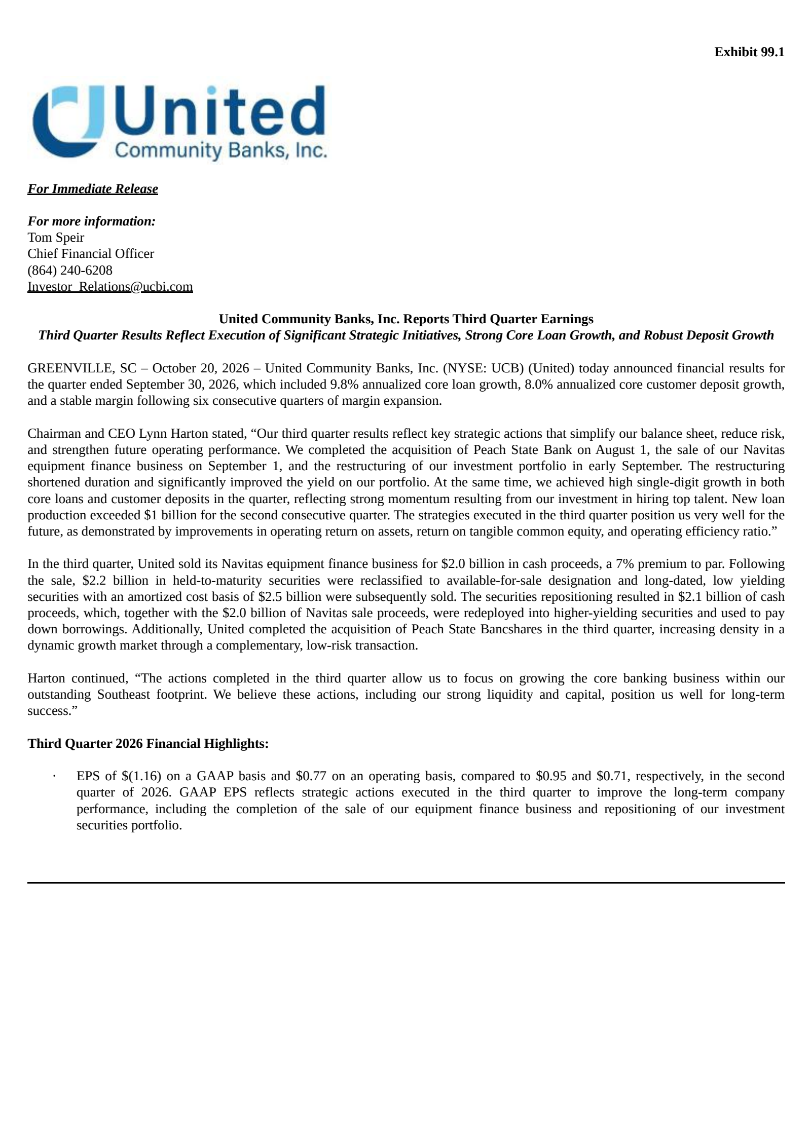 United Community Banks' Q3 2026 Press Release