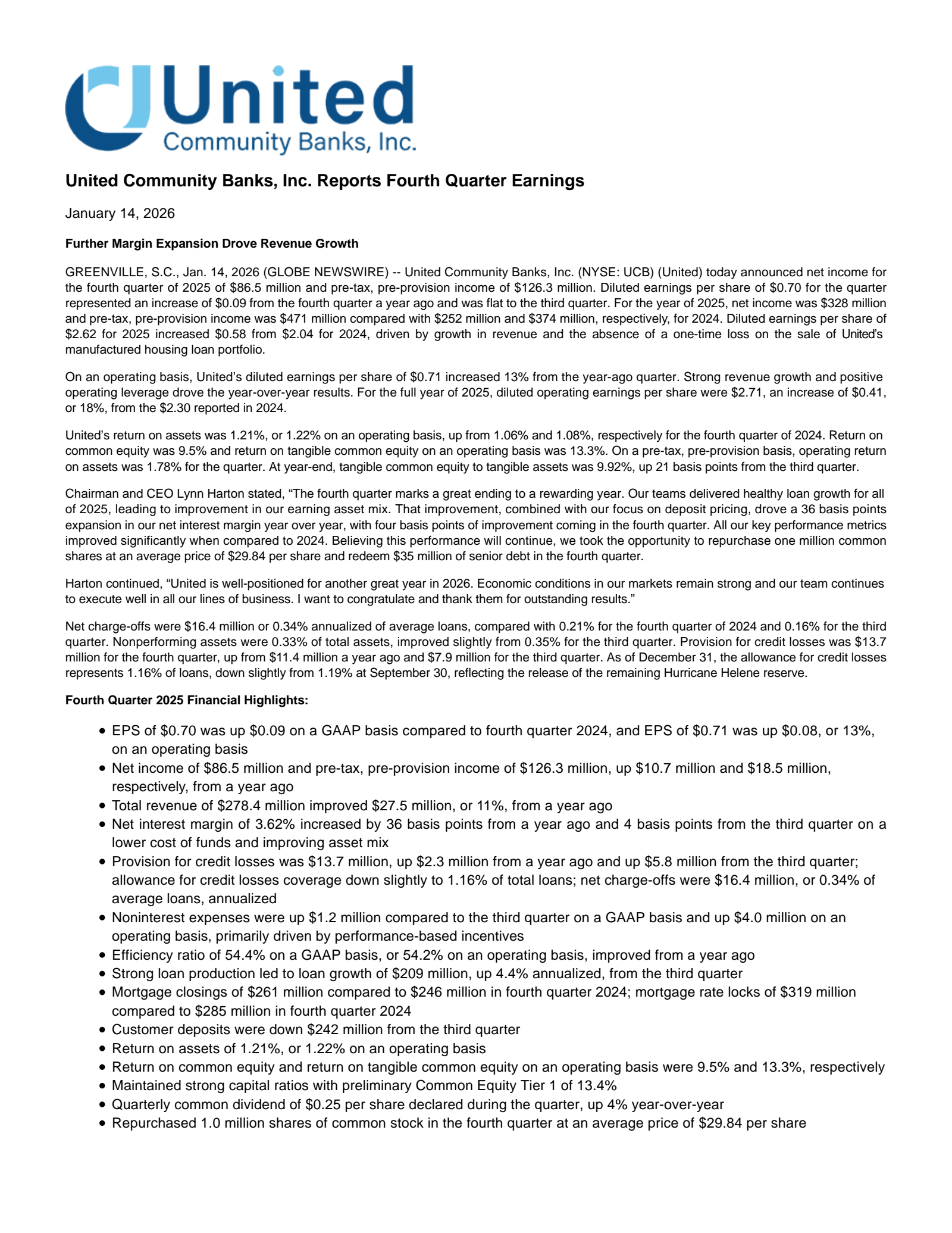 United Community Banks' Q4 2025 Press Release