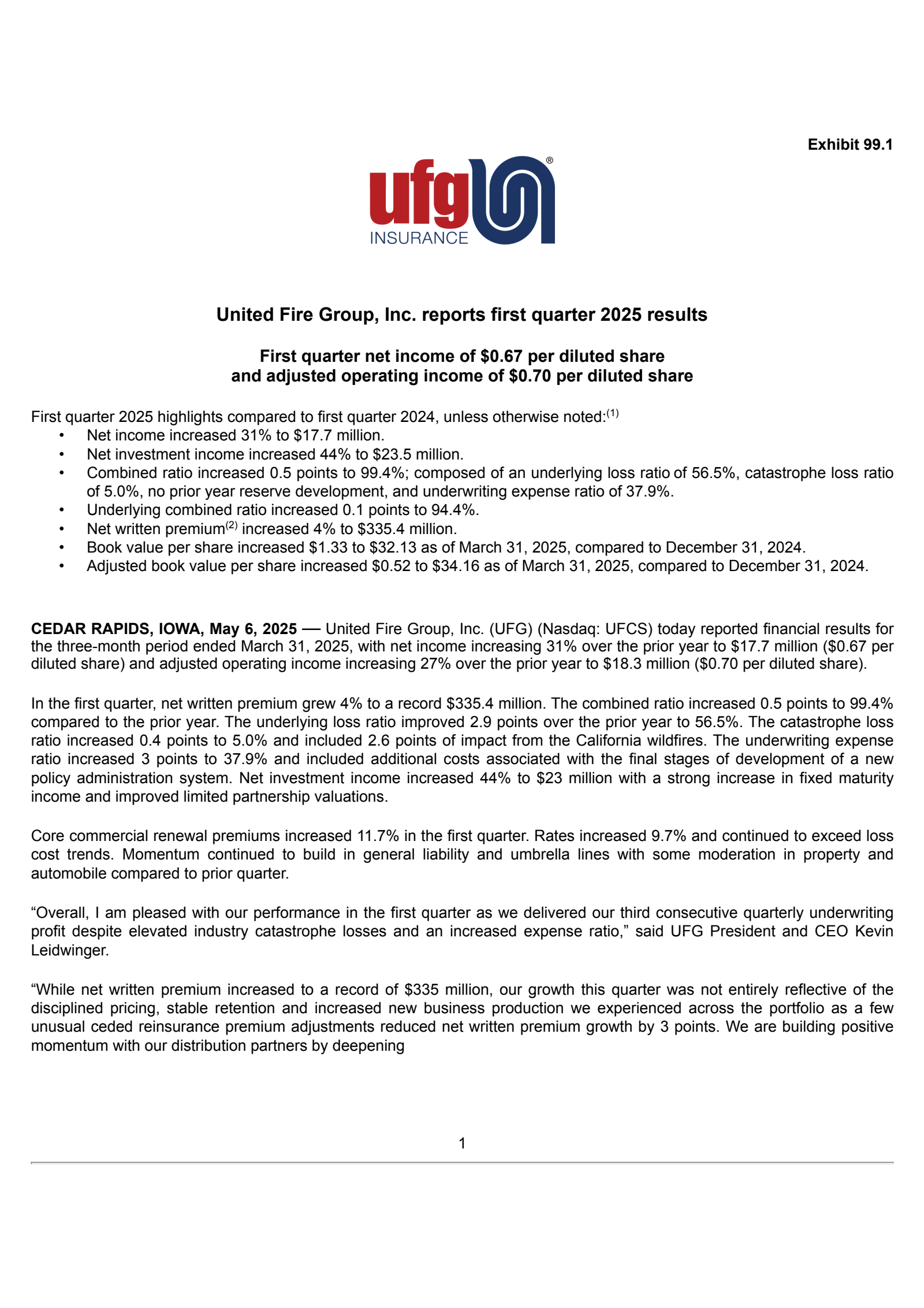 United Fire Group's Q1 2025 Press Release