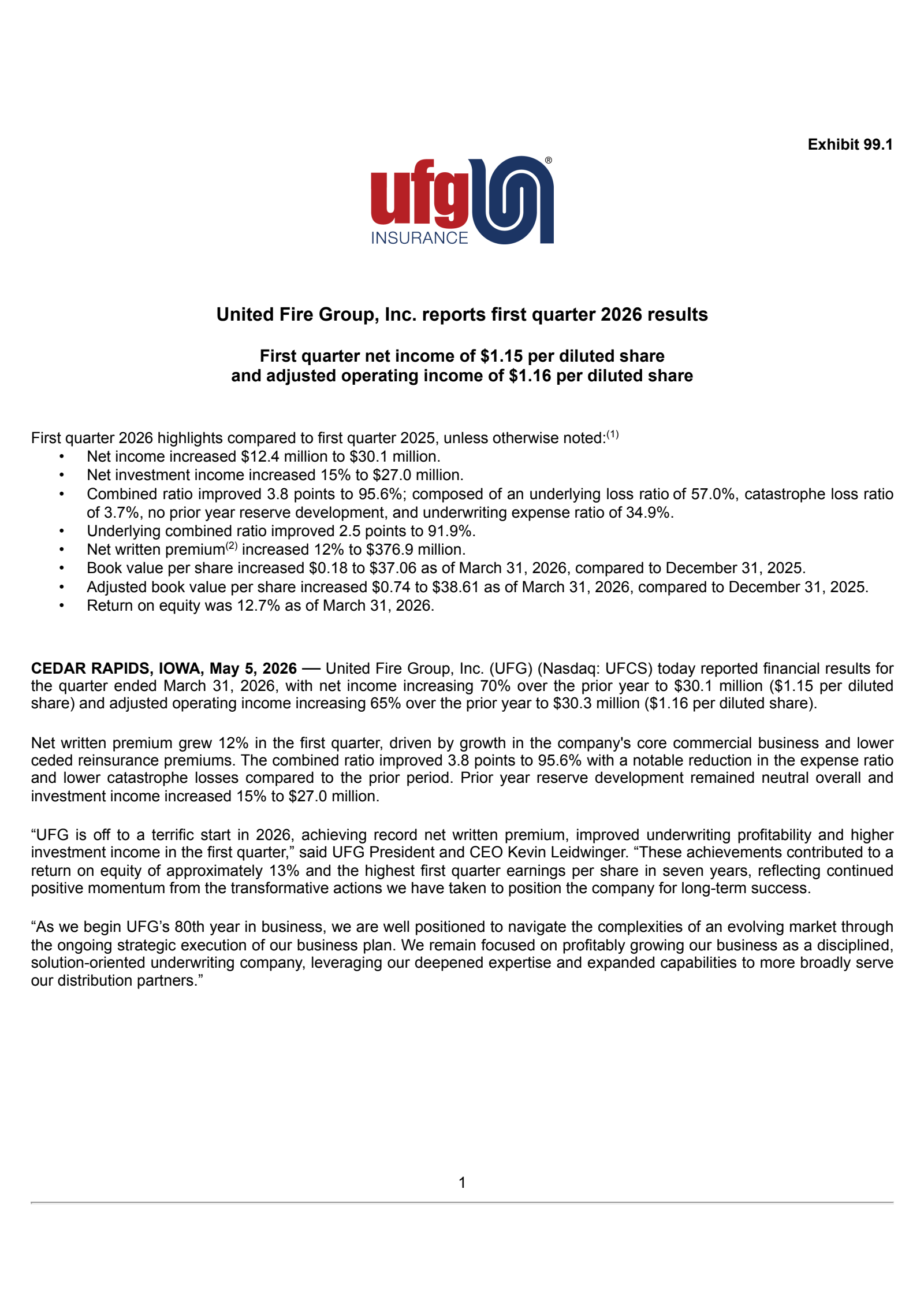 United Fire Group's Q1 2026 Press Release