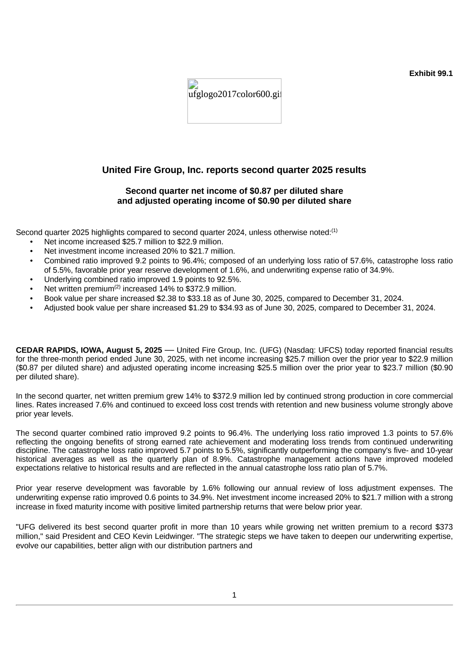 United Fire Group's Q2 2025 Press Release