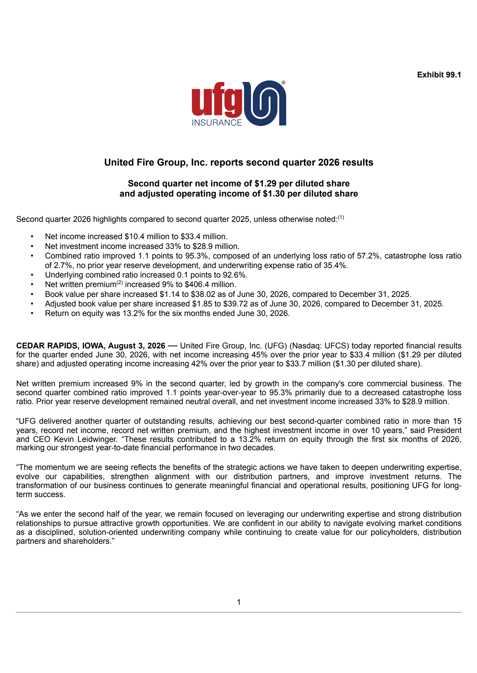 United Fire Group's Q2 2026 Press Release