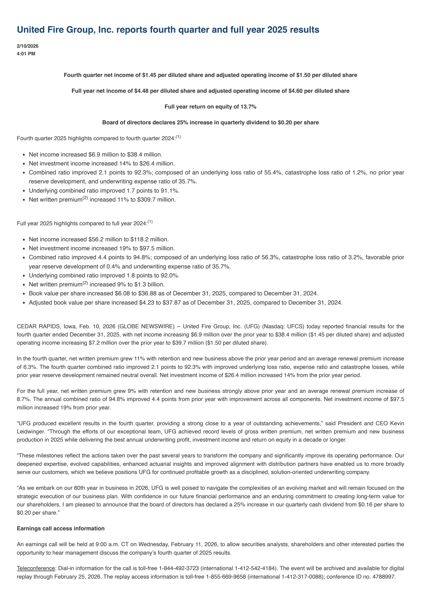 United Fire Group's Q4 2025 Press Release