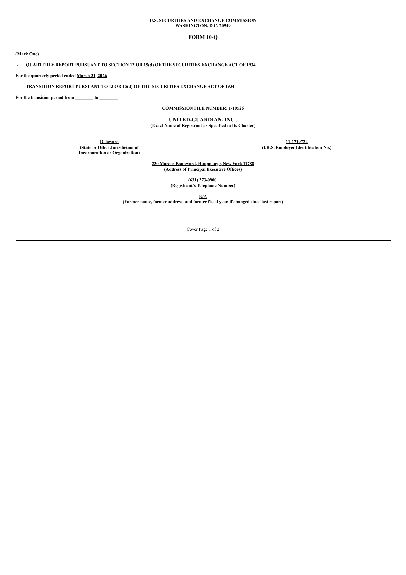 United-Guardian's Q1 2026 Quarterly report