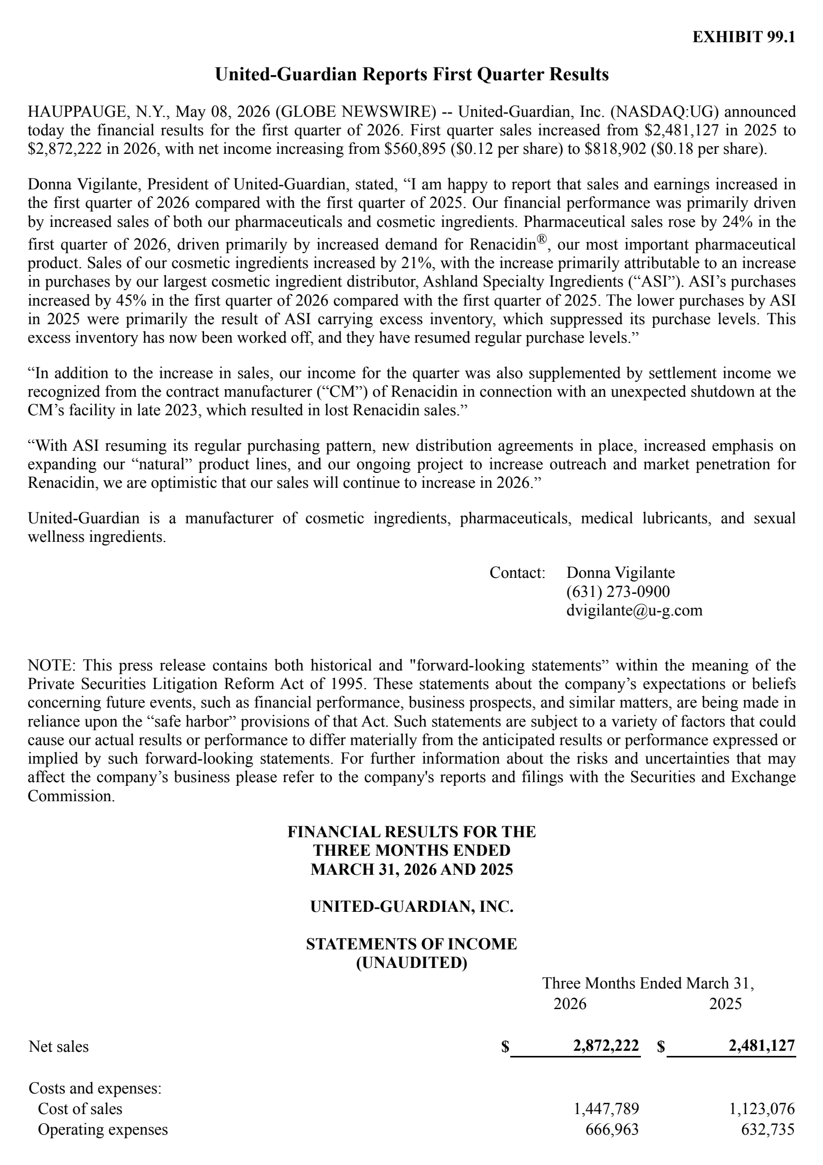 United-Guardian's Q1 2026 Press Release