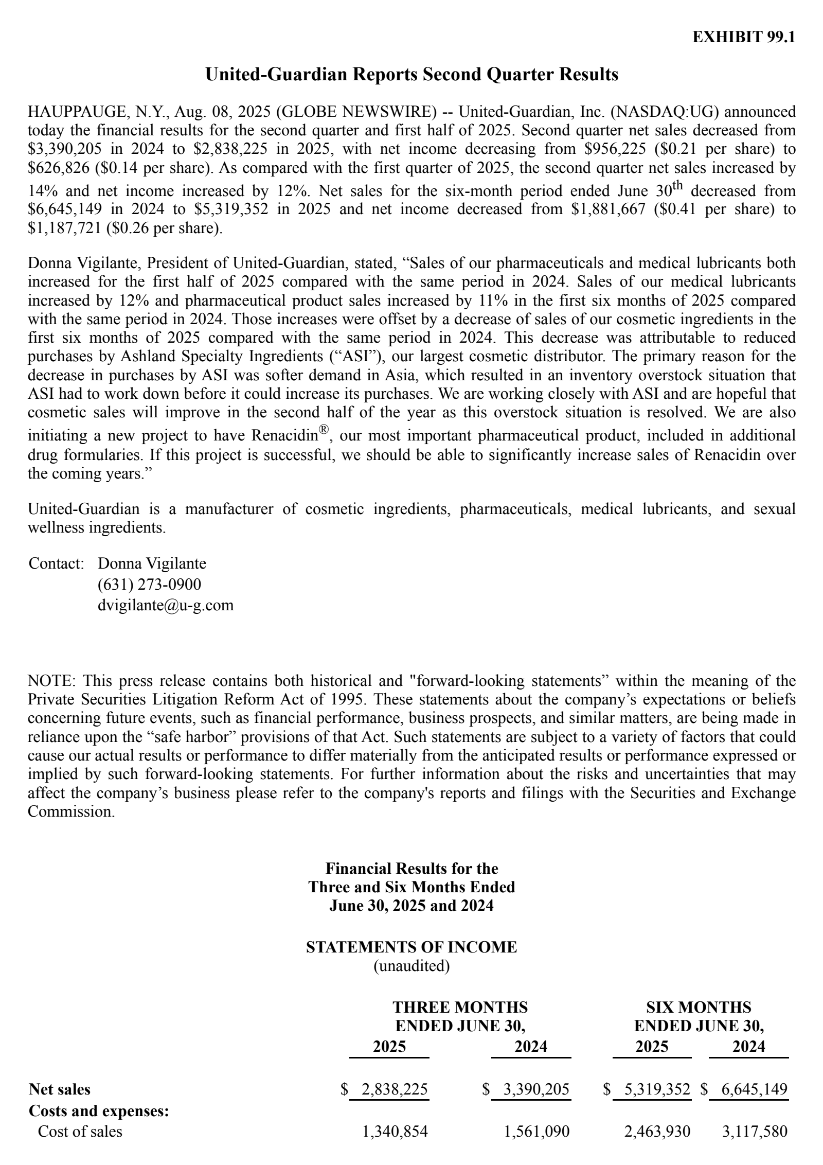 United-Guardian's Q2 2025 Press Release