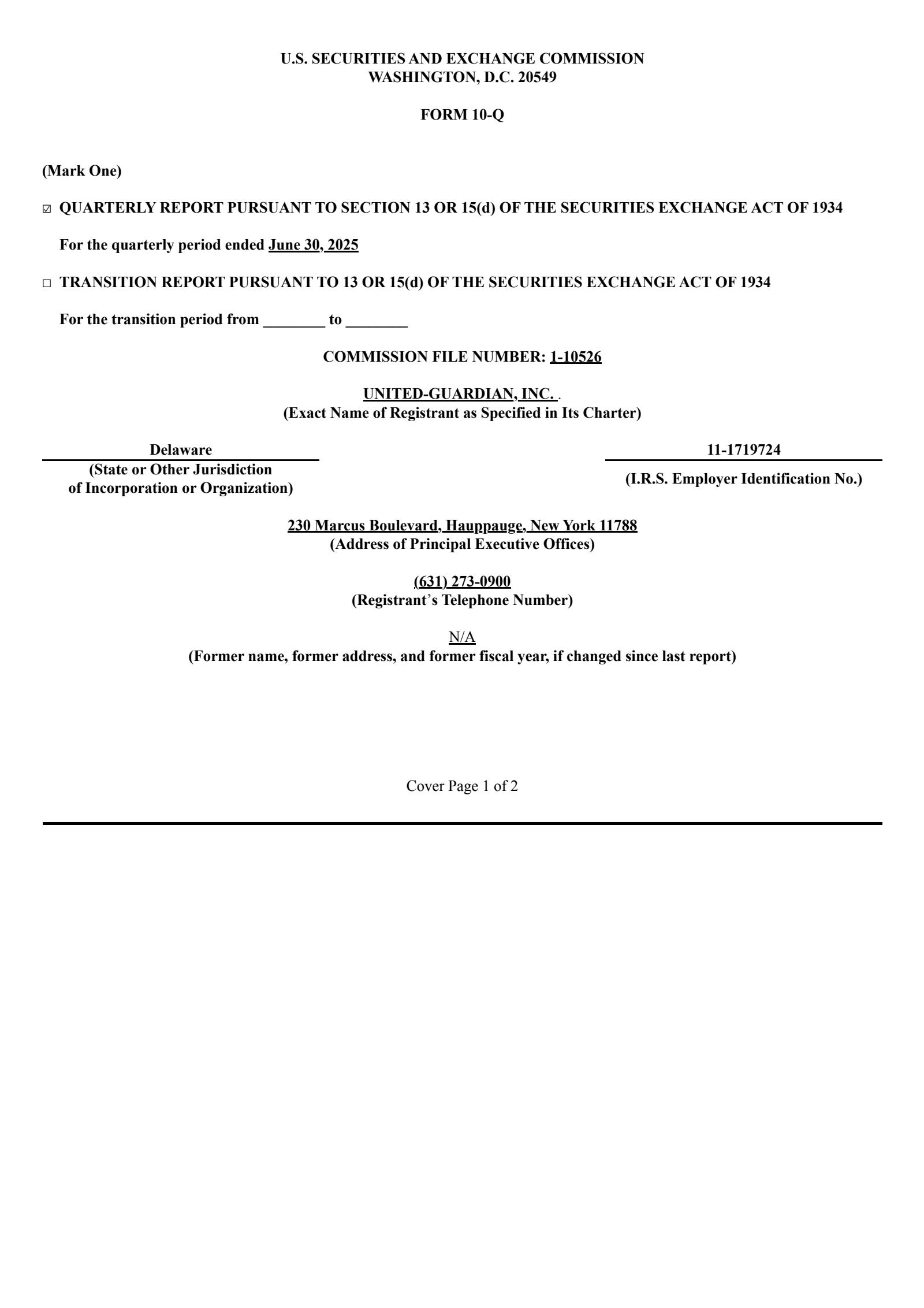 United-Guardian's Q2 2025 Quarterly report