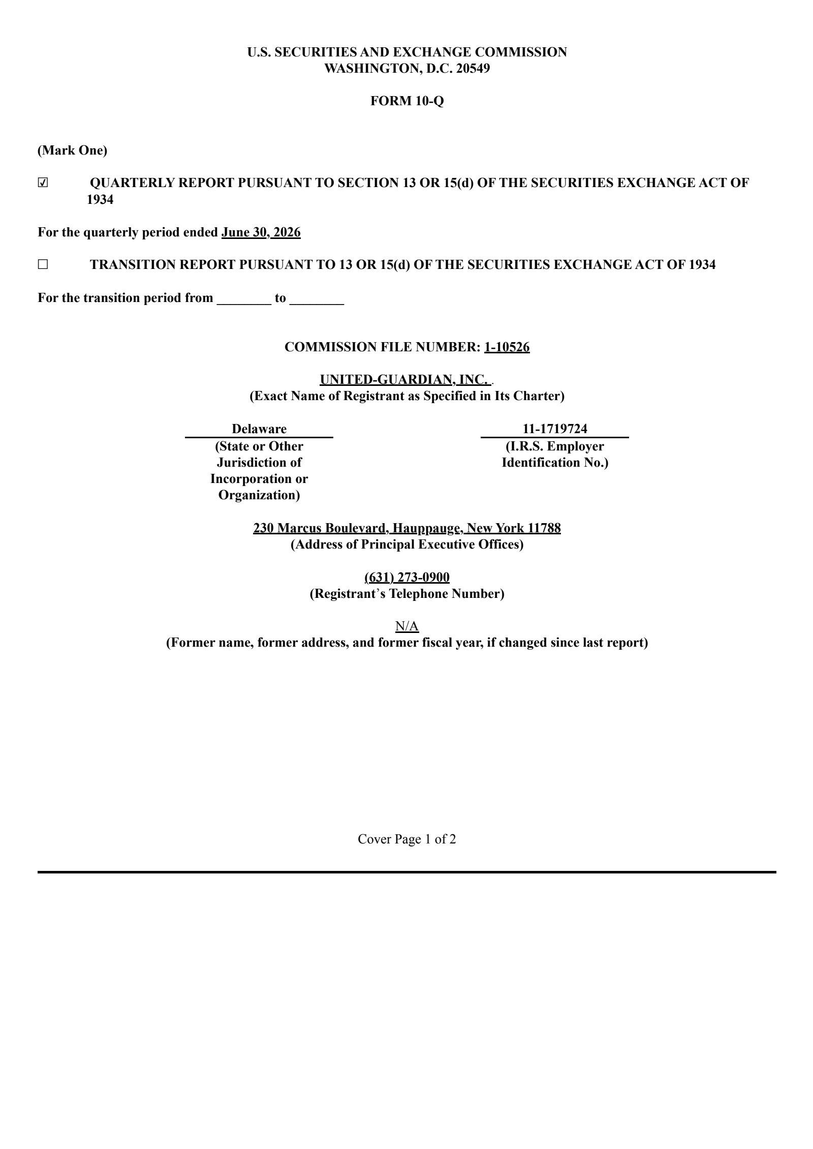 United-Guardian's Q2 2026 Quarterly report