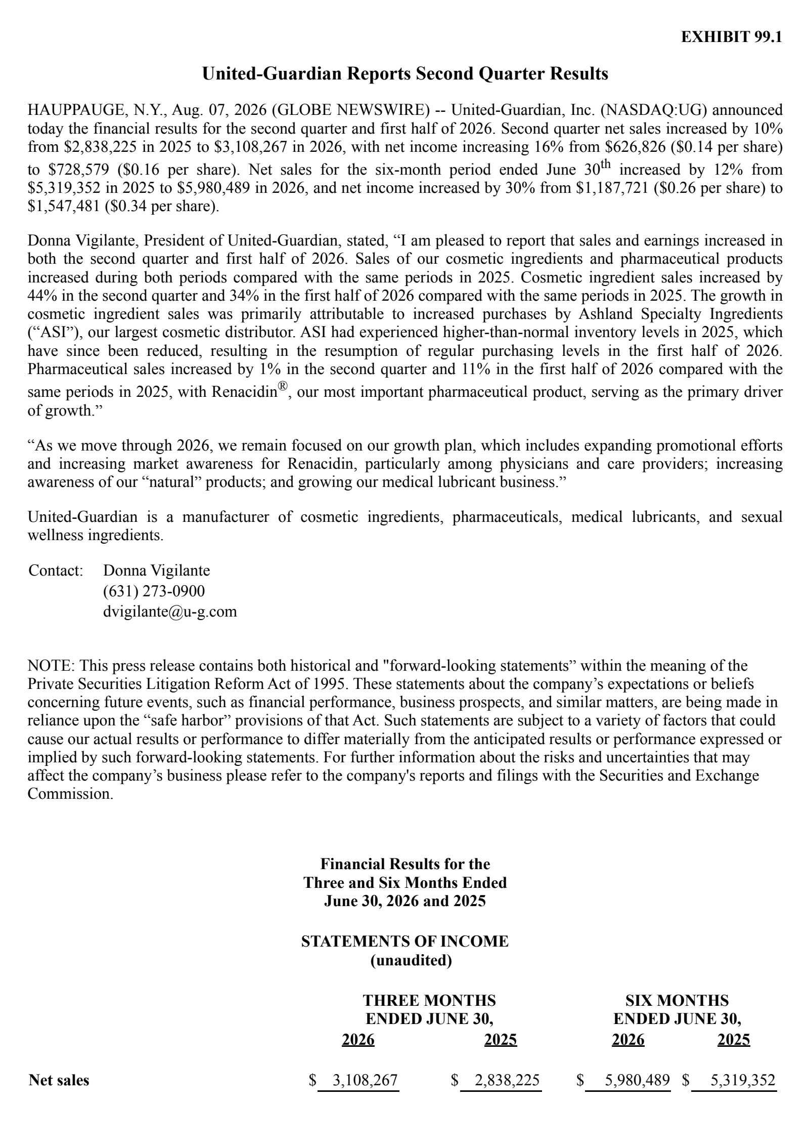 United-Guardian's Q2 2026 Press Release