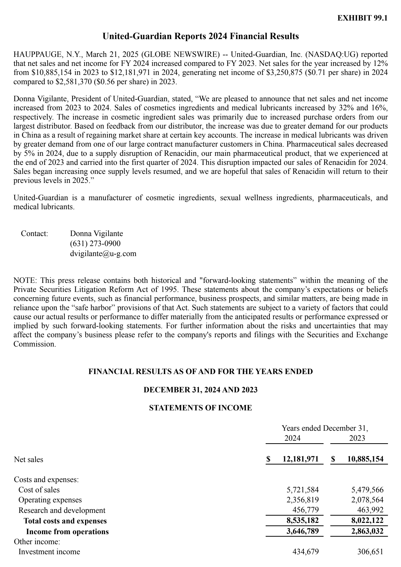 United-Guardian's Q4 2024 Press Release