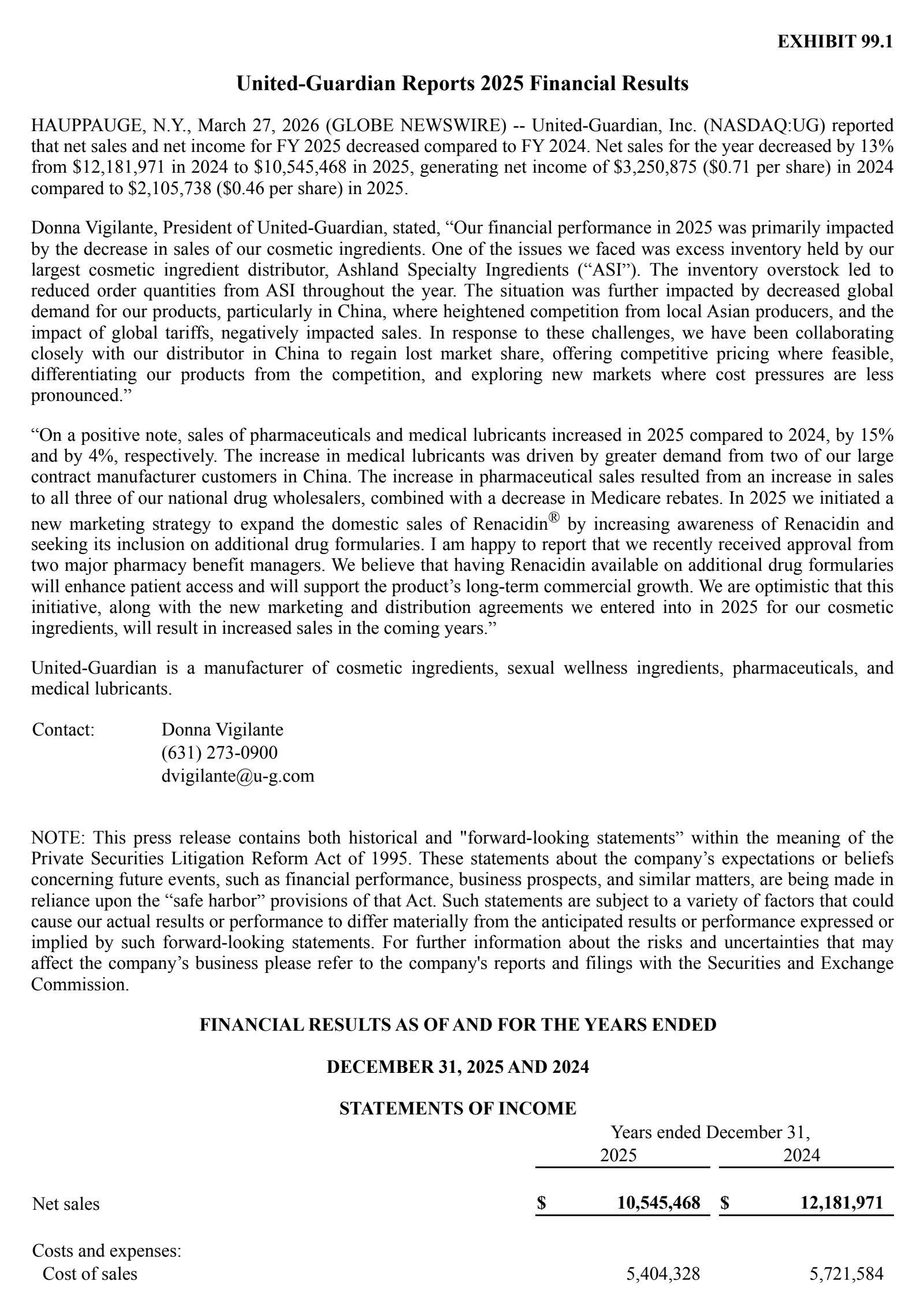 United-Guardian's Q4 2025 Press Release
