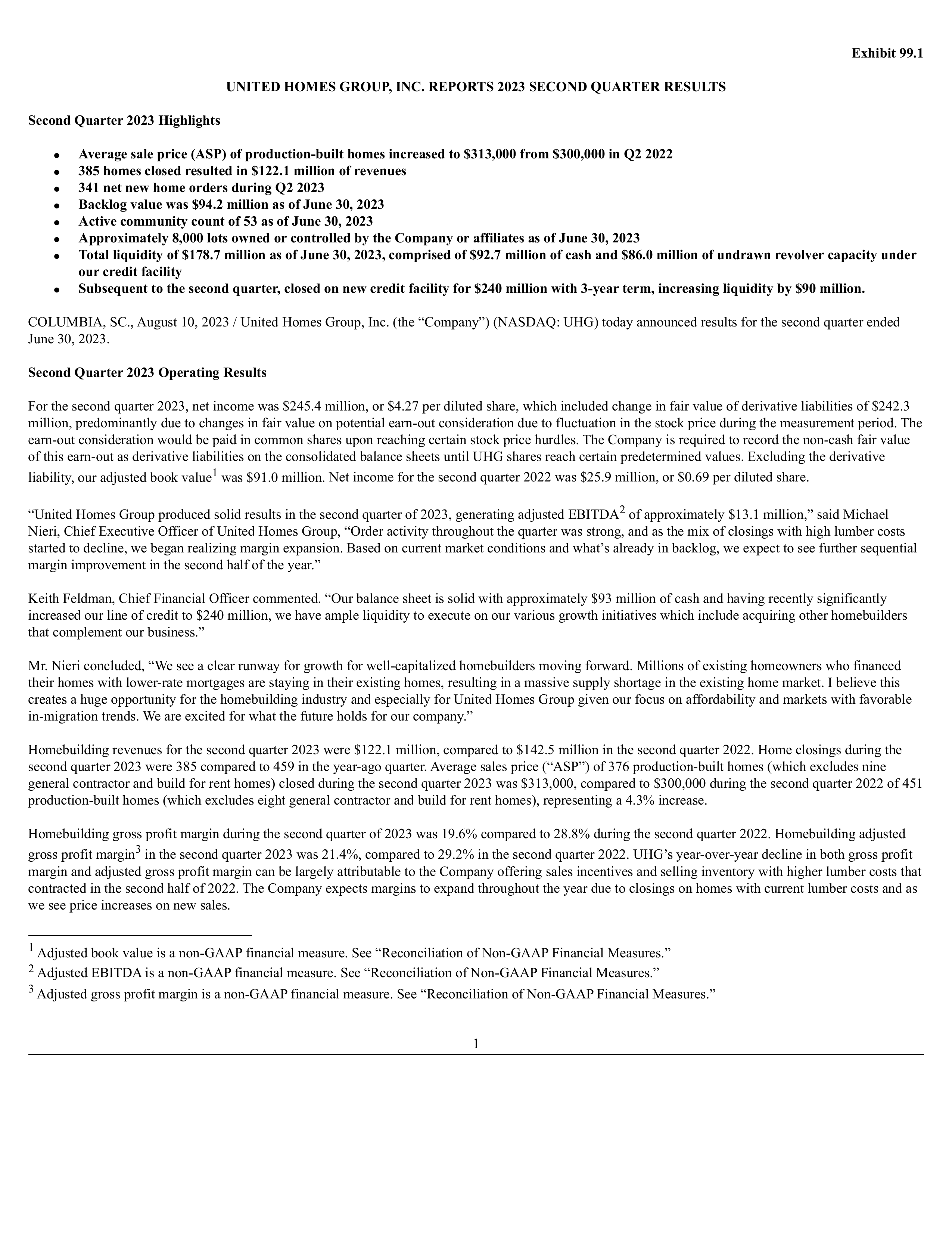 United Homes Group's Q2 2023 Press Release