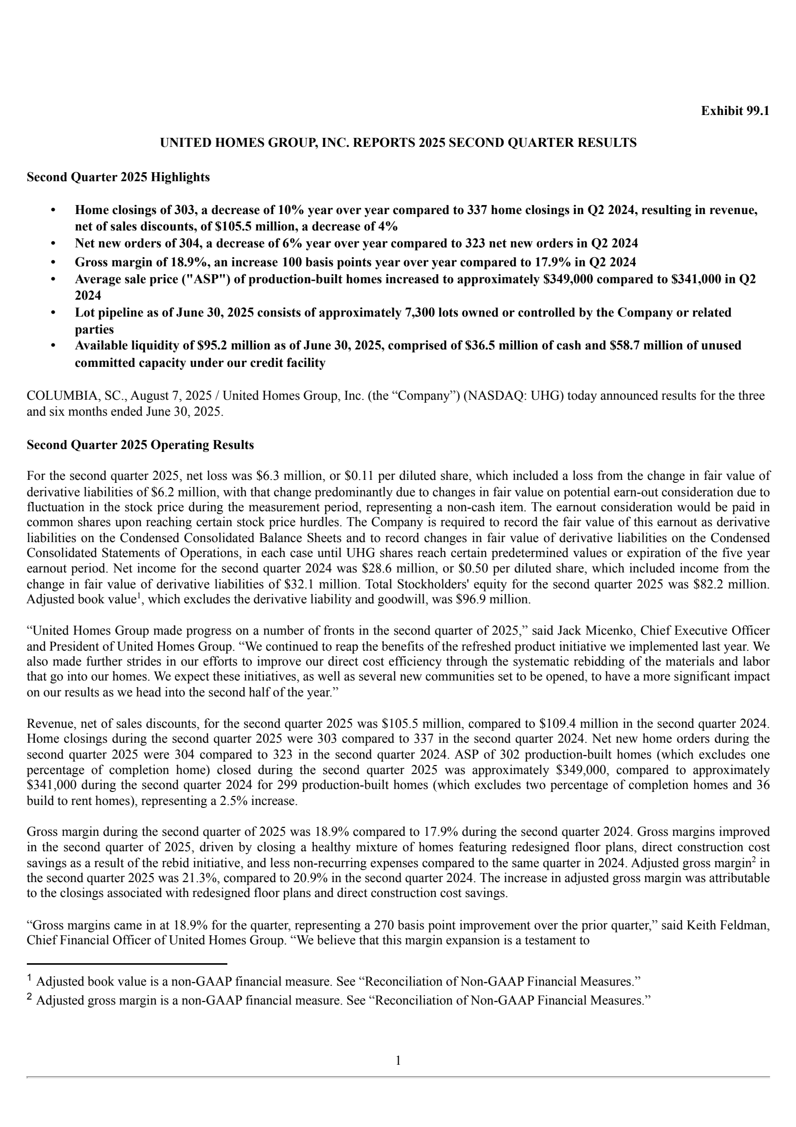 United Homes Group's Q2 2025 Press Release