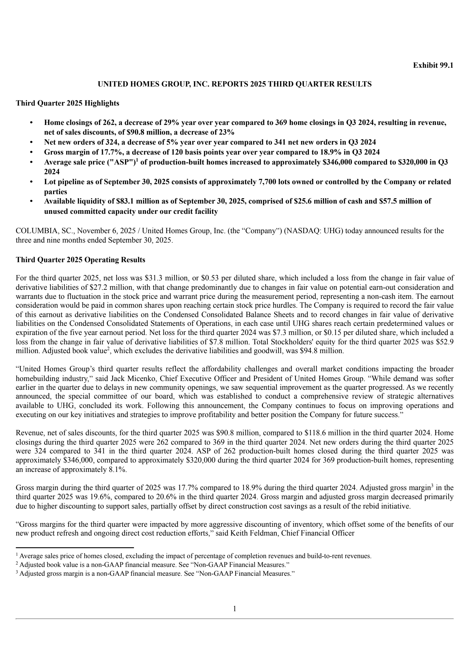 United Homes Group's Q3 2025 Earnings Release