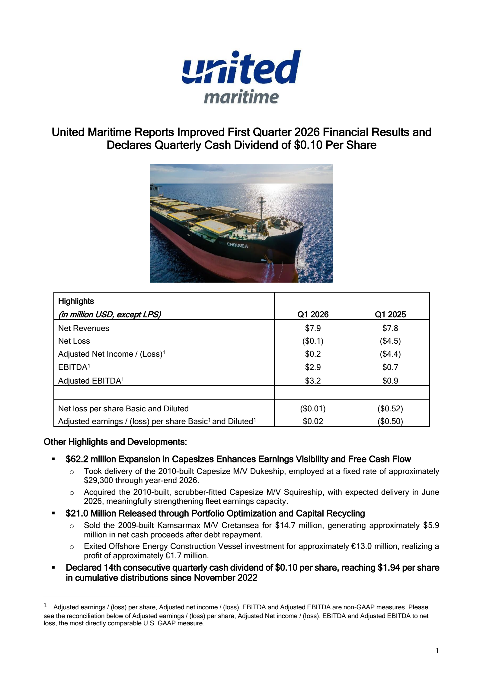 United Maritime's Q1 2026 Press Release