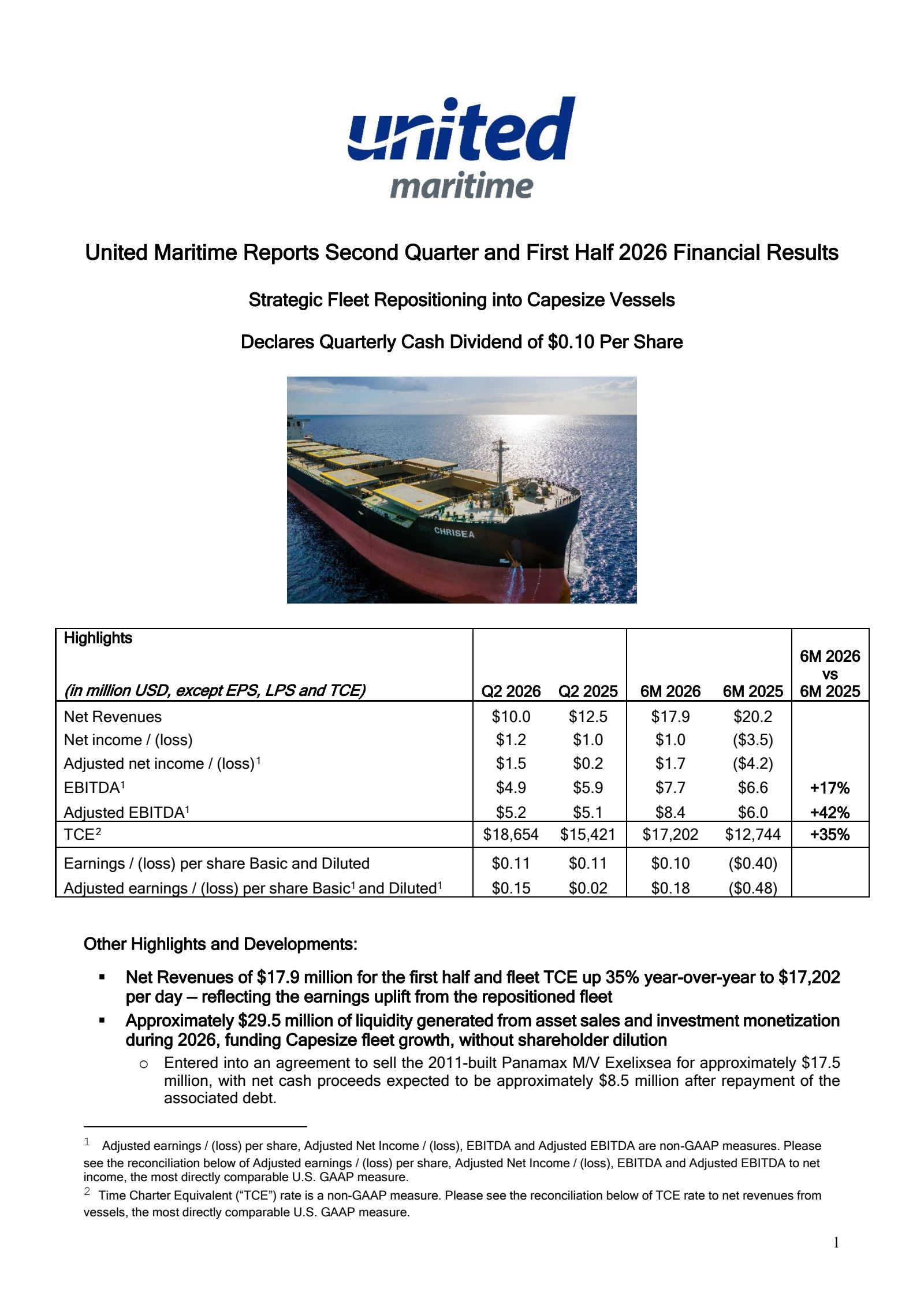 United Maritime's Q2 2026 Press Release