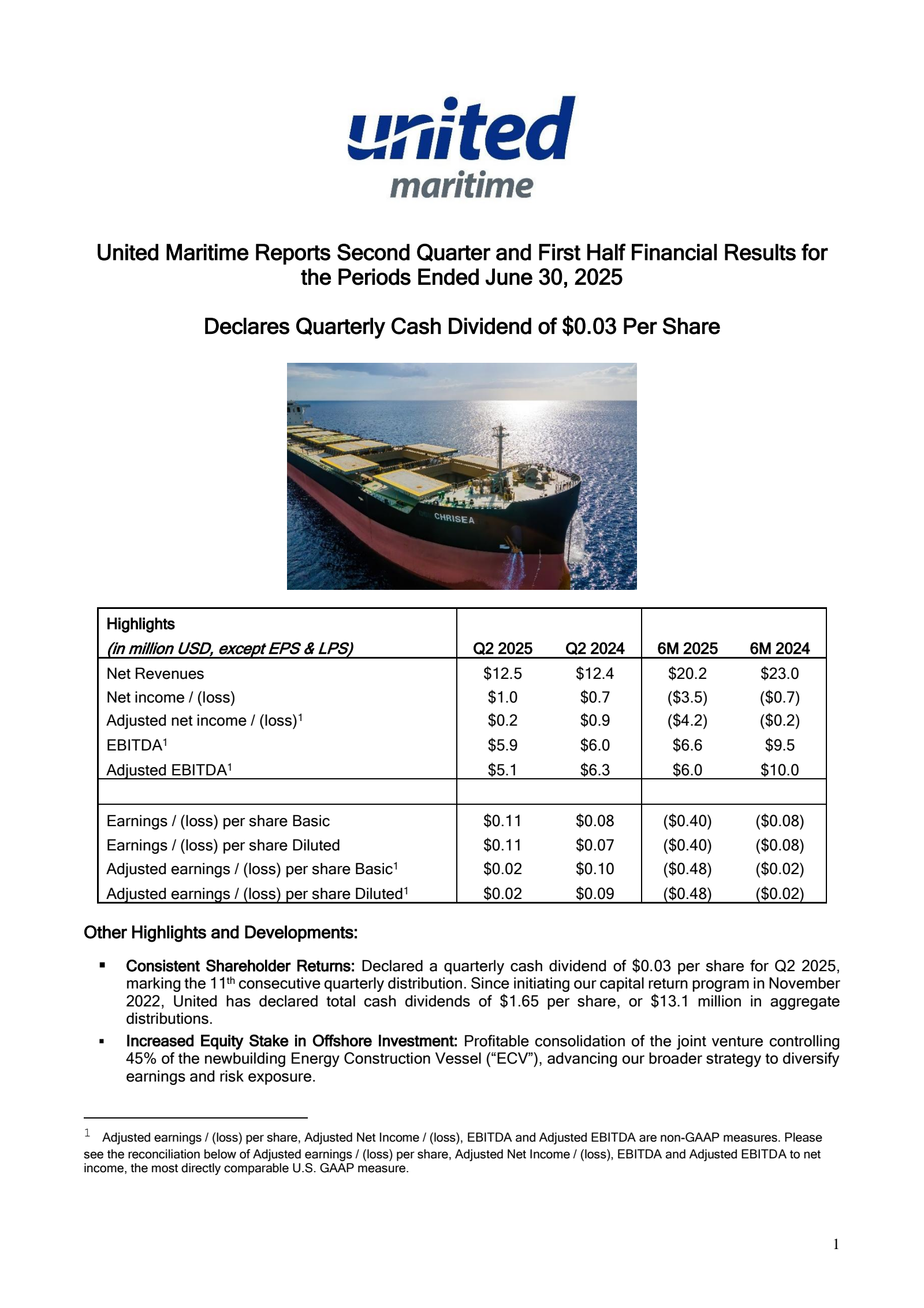 United Maritime's Q2 2026 Press Release