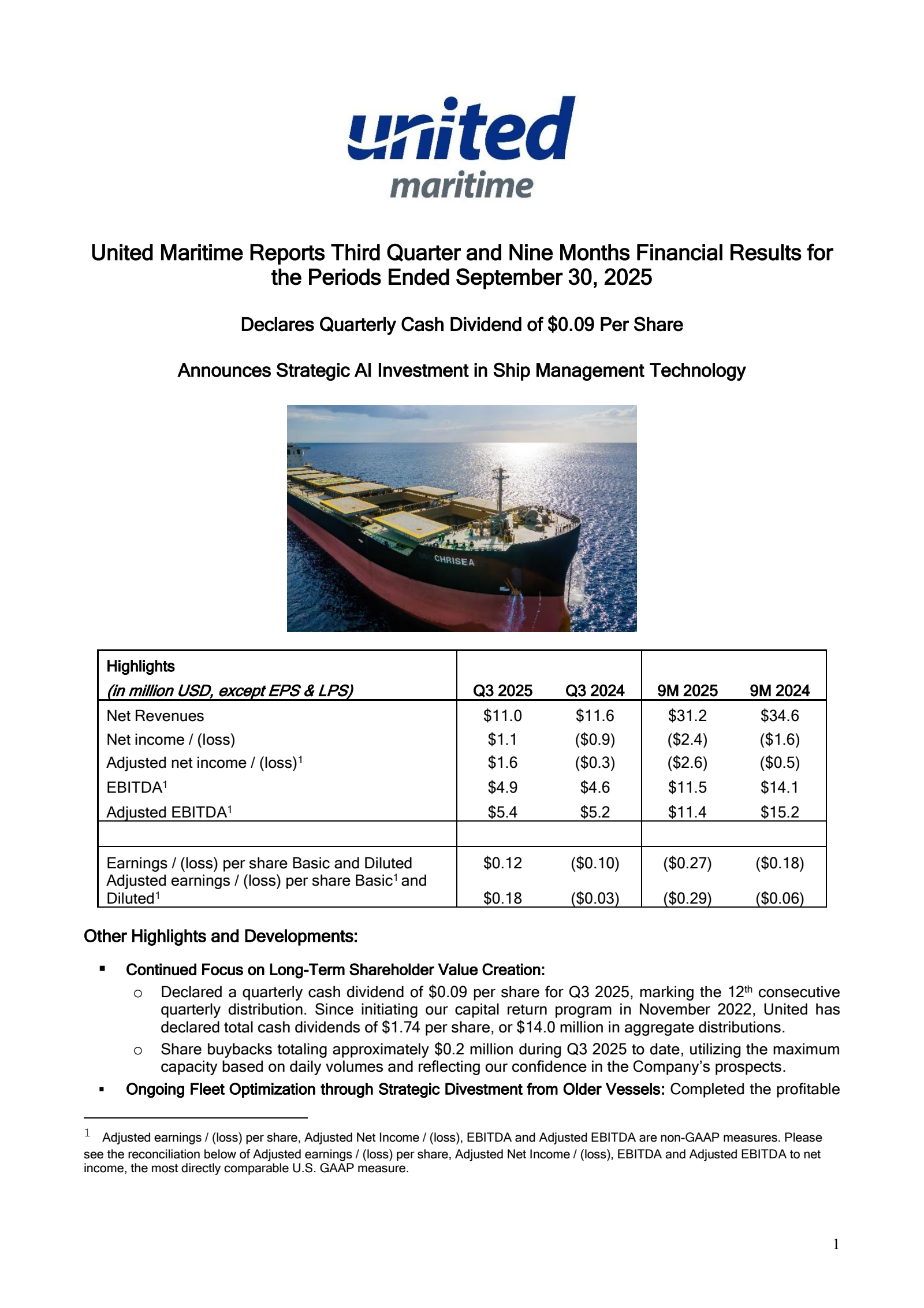 United Maritime's Q3 2025 Earnings Release