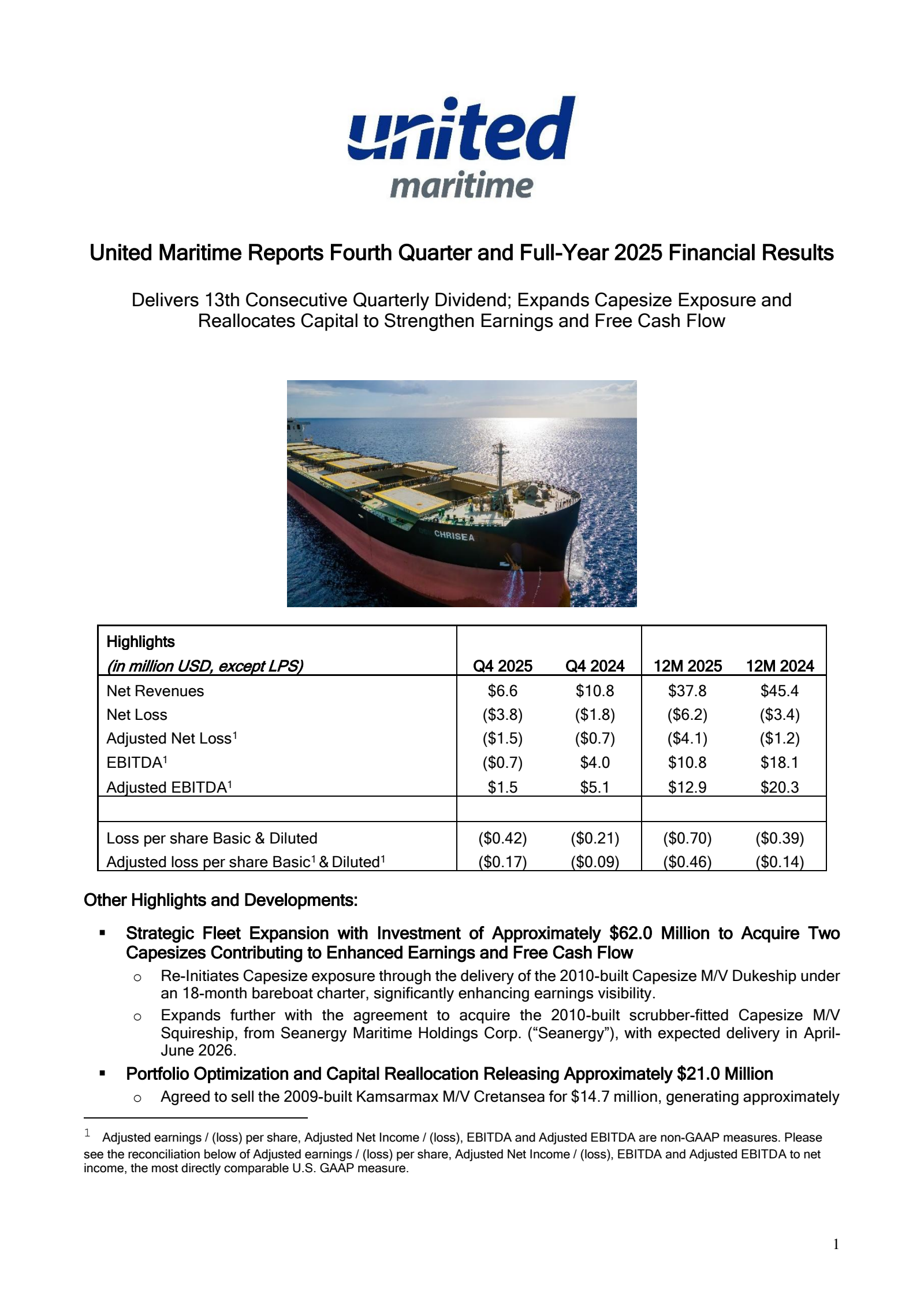 United Maritime's Q4 2025 Press Release