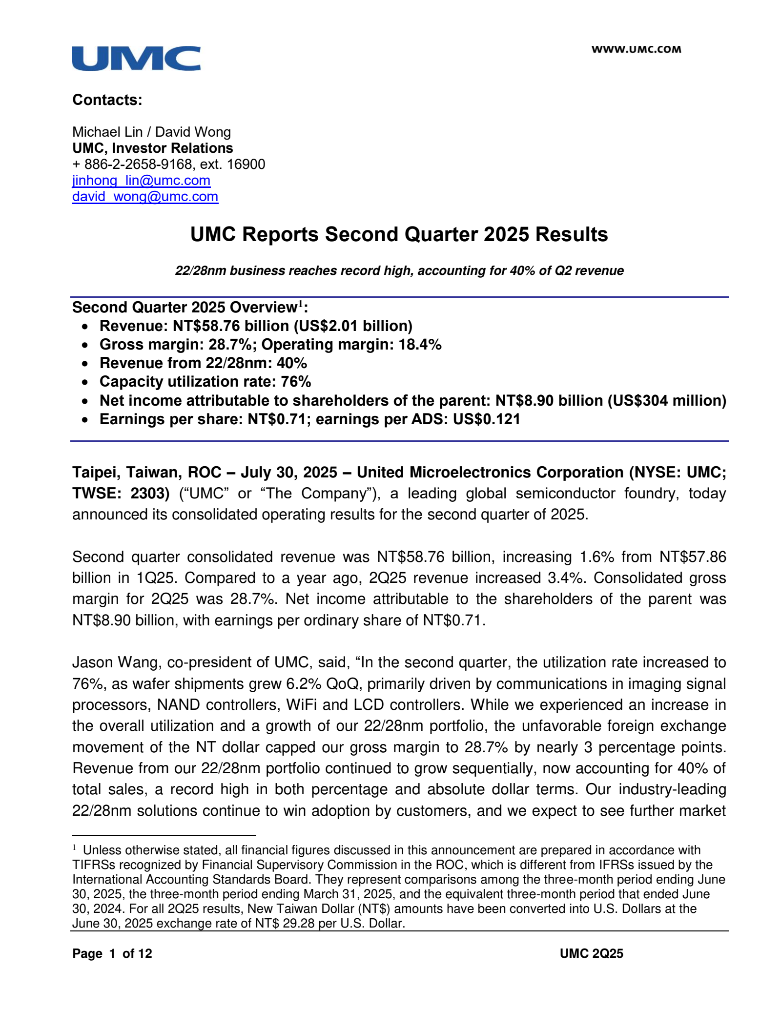 United Microelectronics' Q2 2025 Press Release