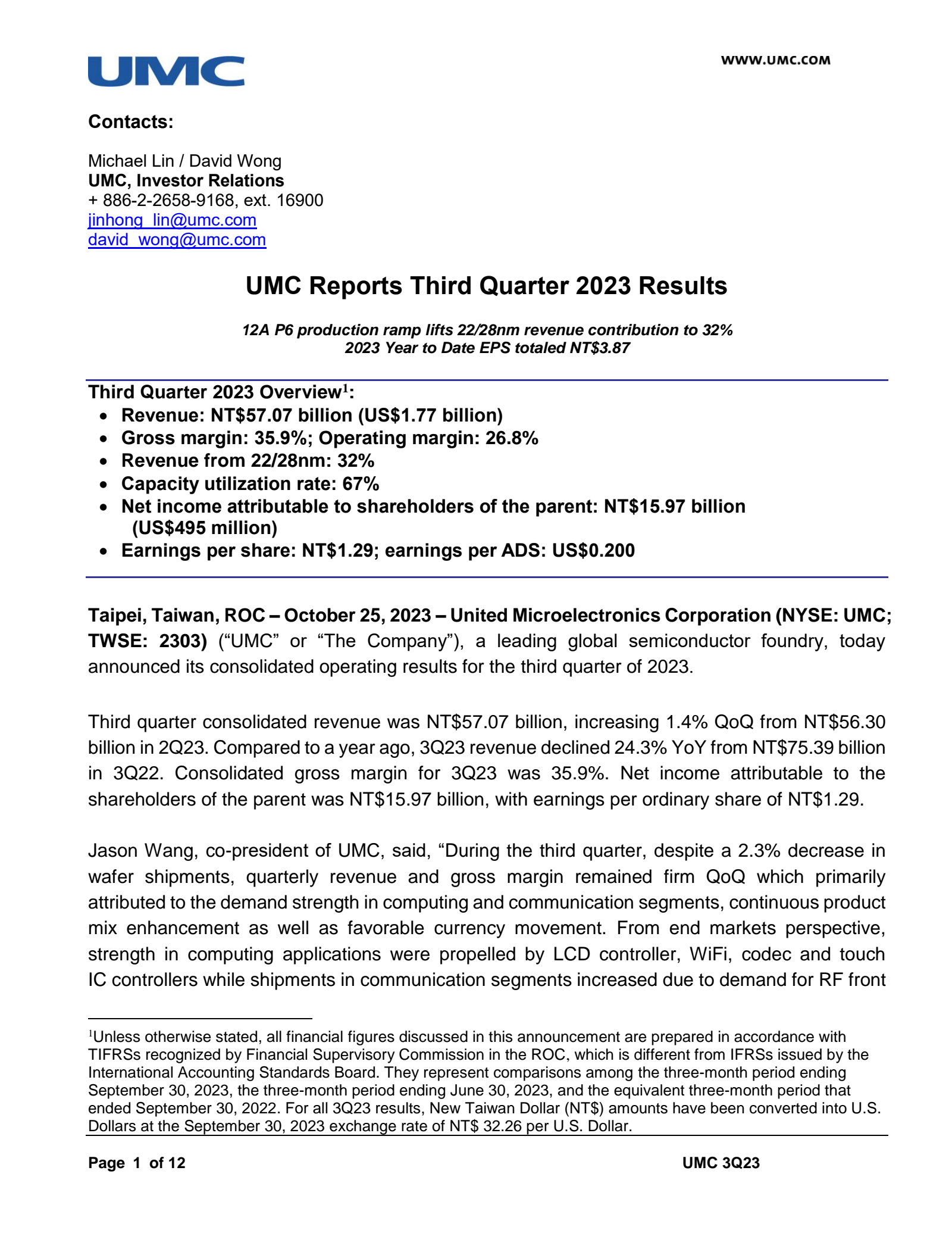United Microelectronics' Q3 2023 Press Release