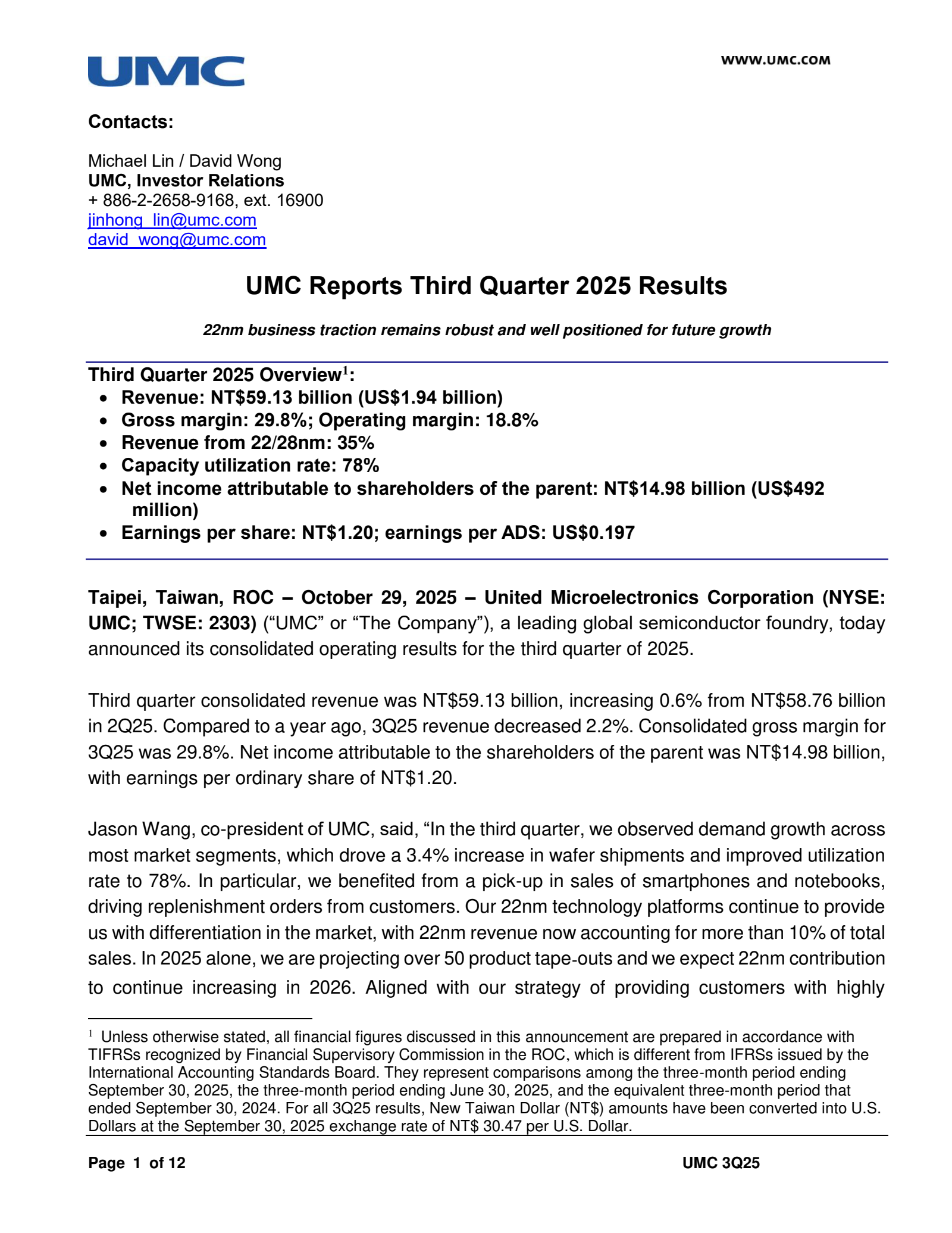 United Microelectronics' Q3 2025 Interim Report