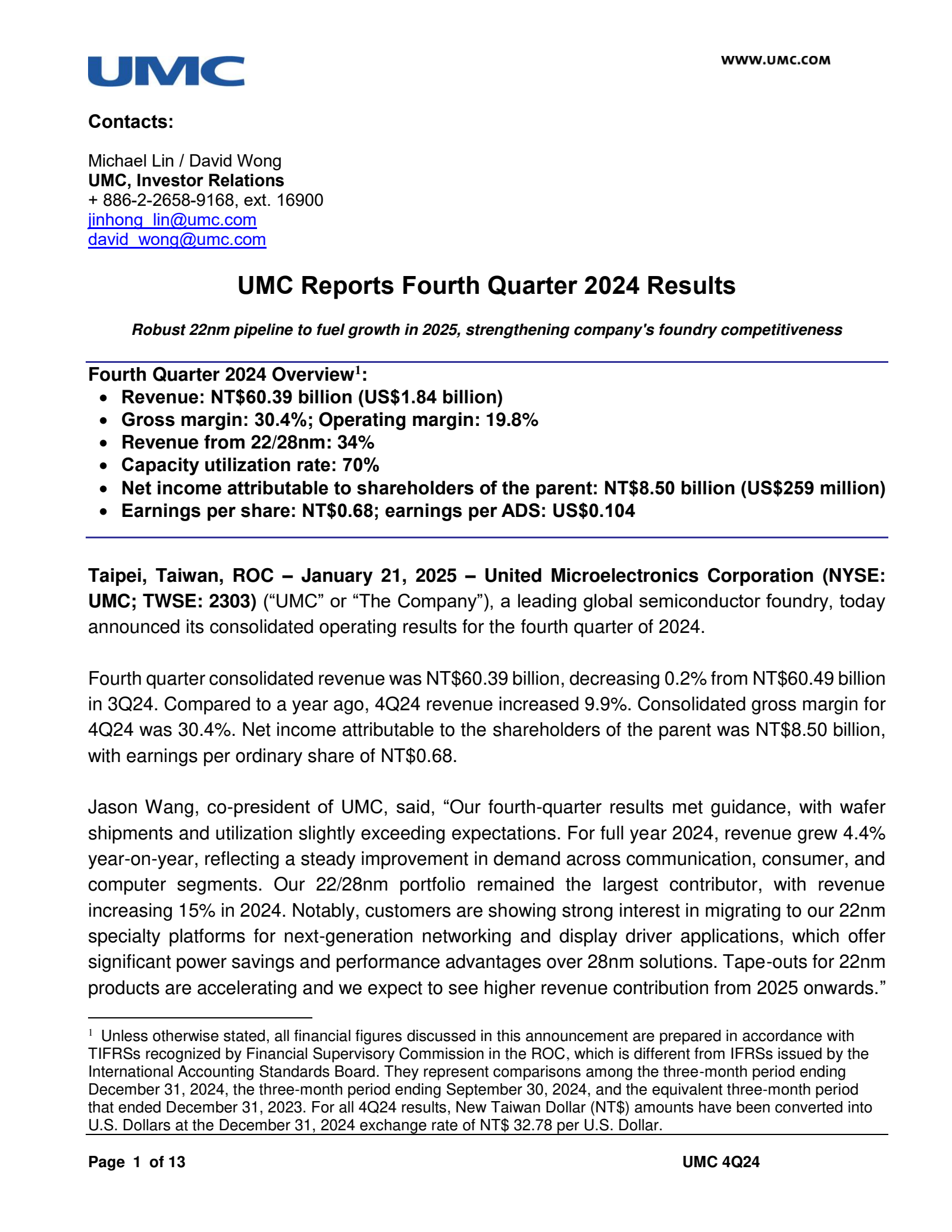 United Microelectronics' Q4 2024 Earnings Release