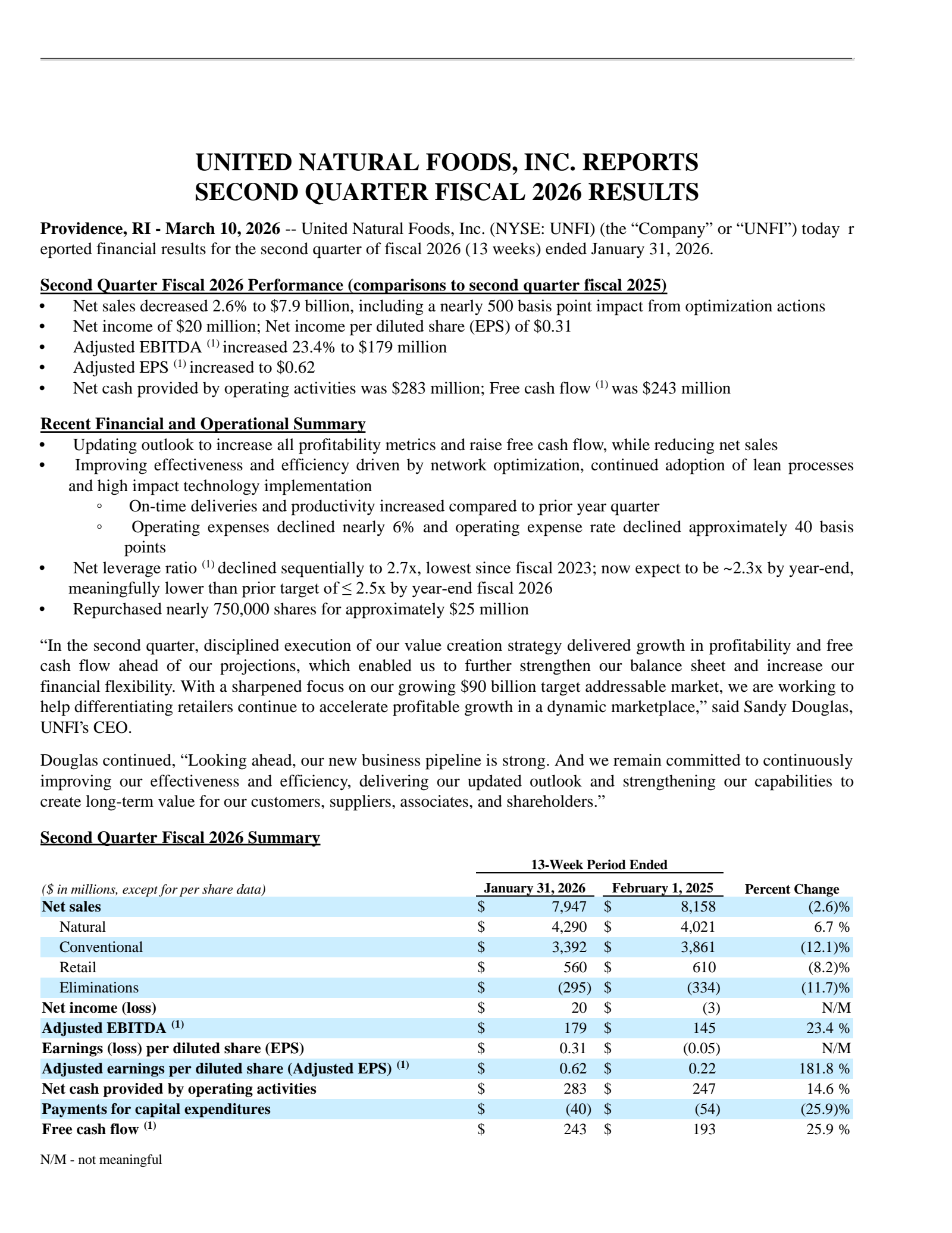 United Natural Foods' Q2 2026 Press Release
