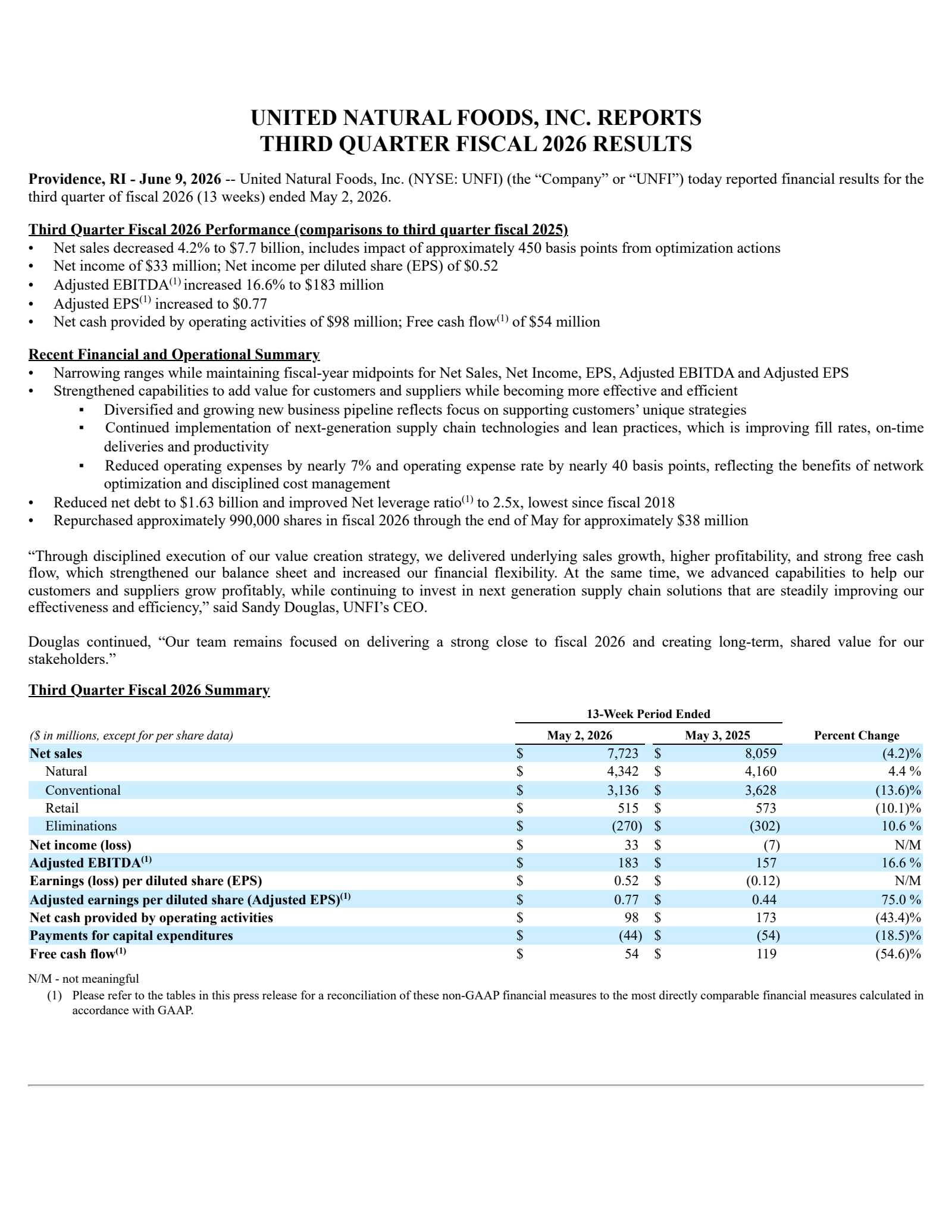 United Natural Foods' Q3 2026 Press Release