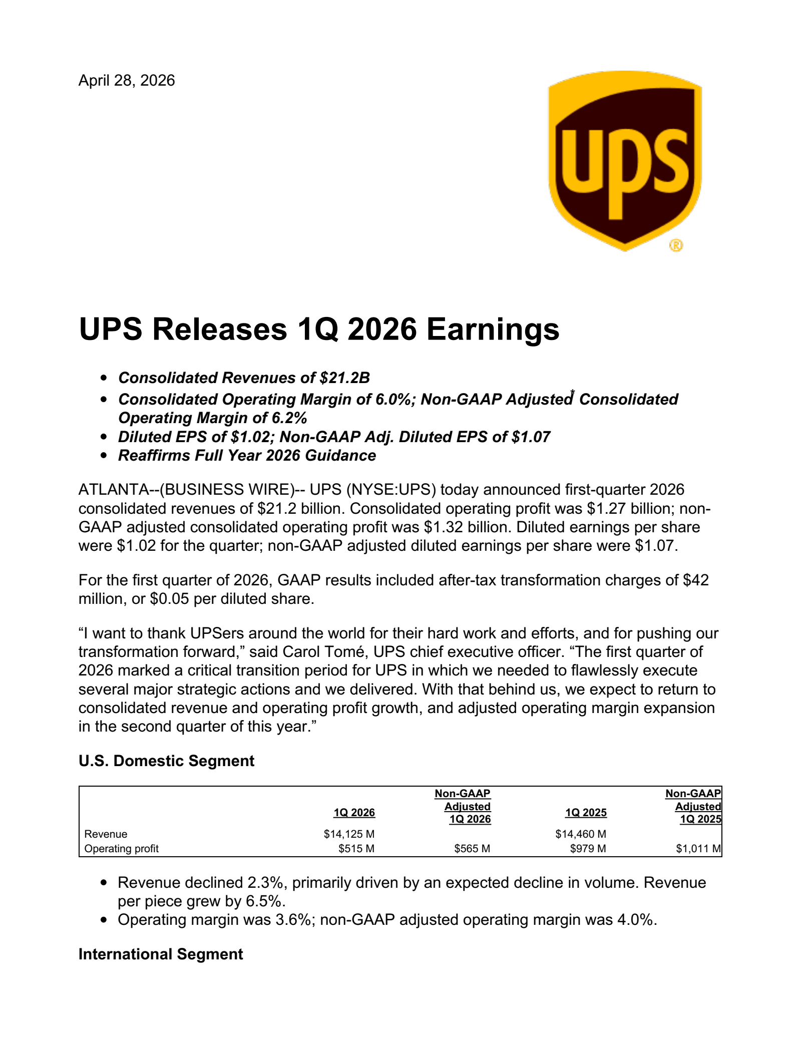 United Parcel Service's Q1 2026 Press Release