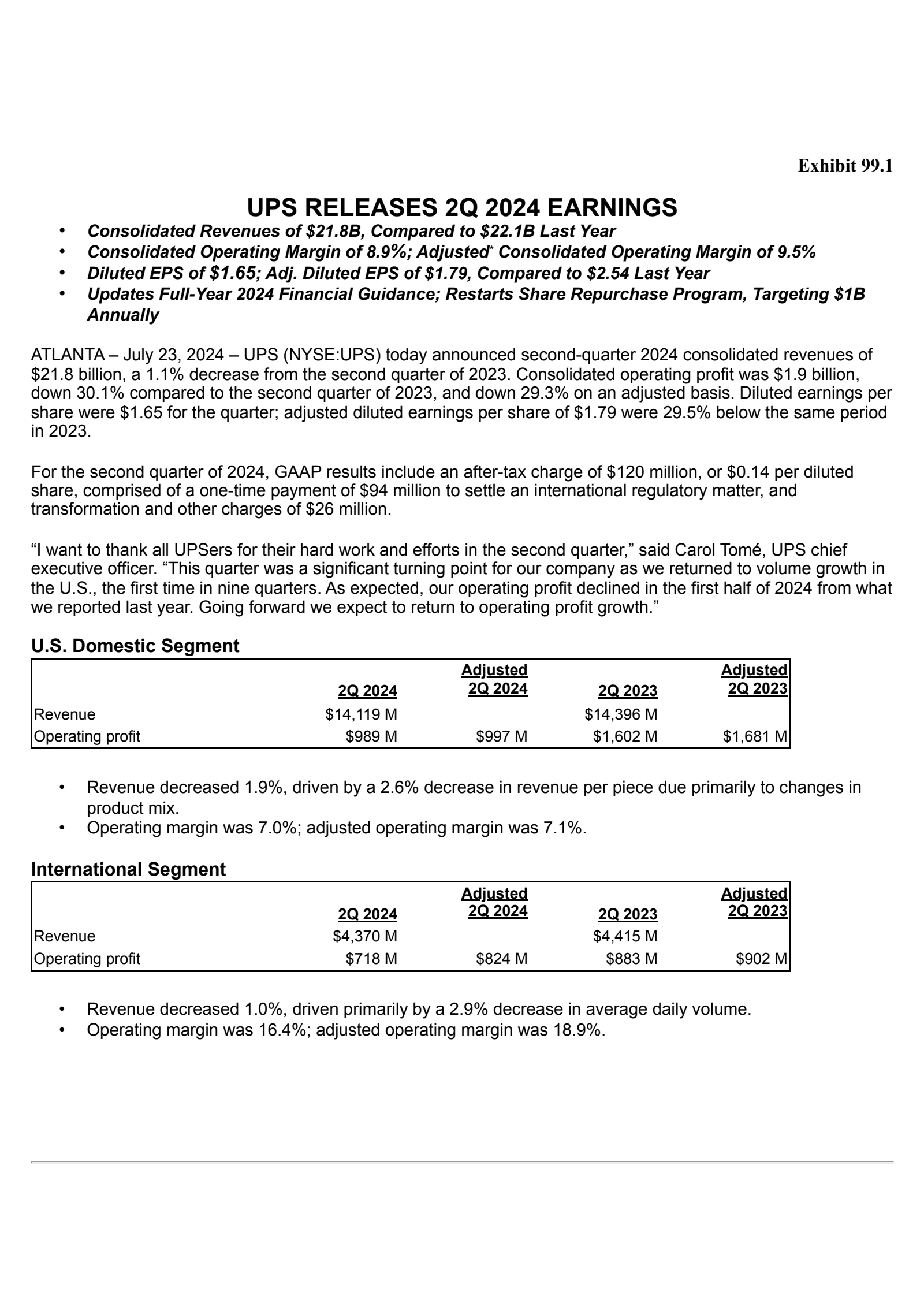 United Parcel Service's Q2 2024 Press Release