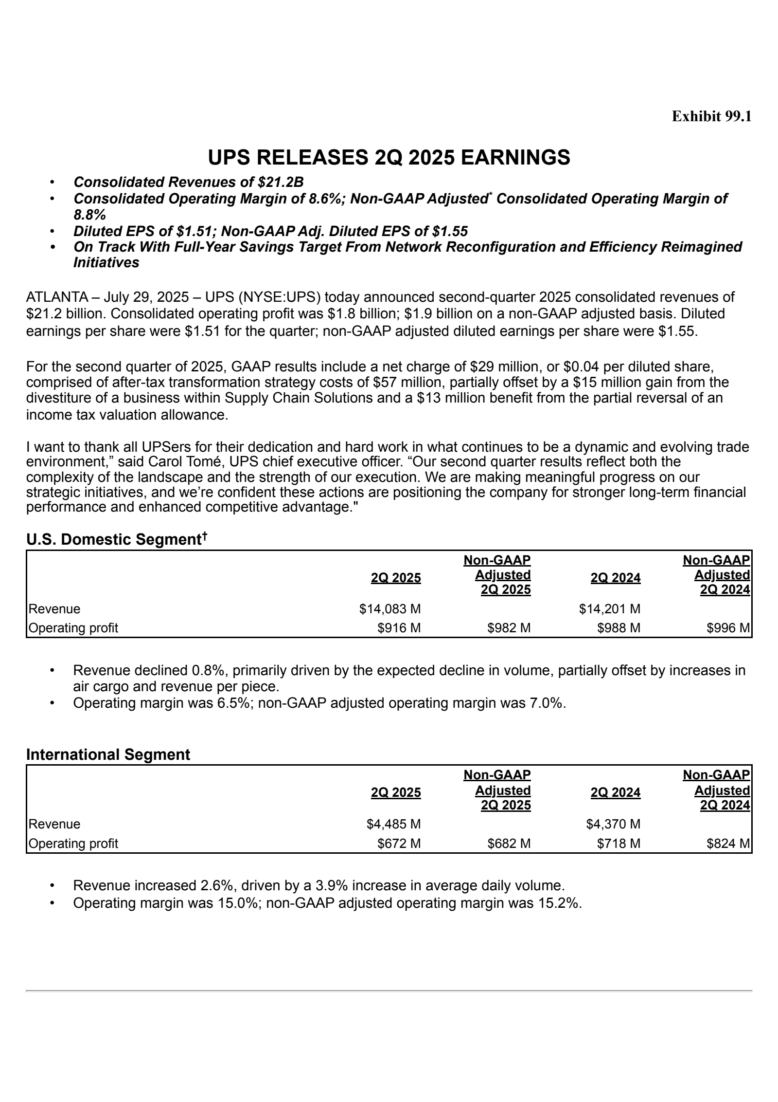 United Parcel Service's Q2 2025 Press Release