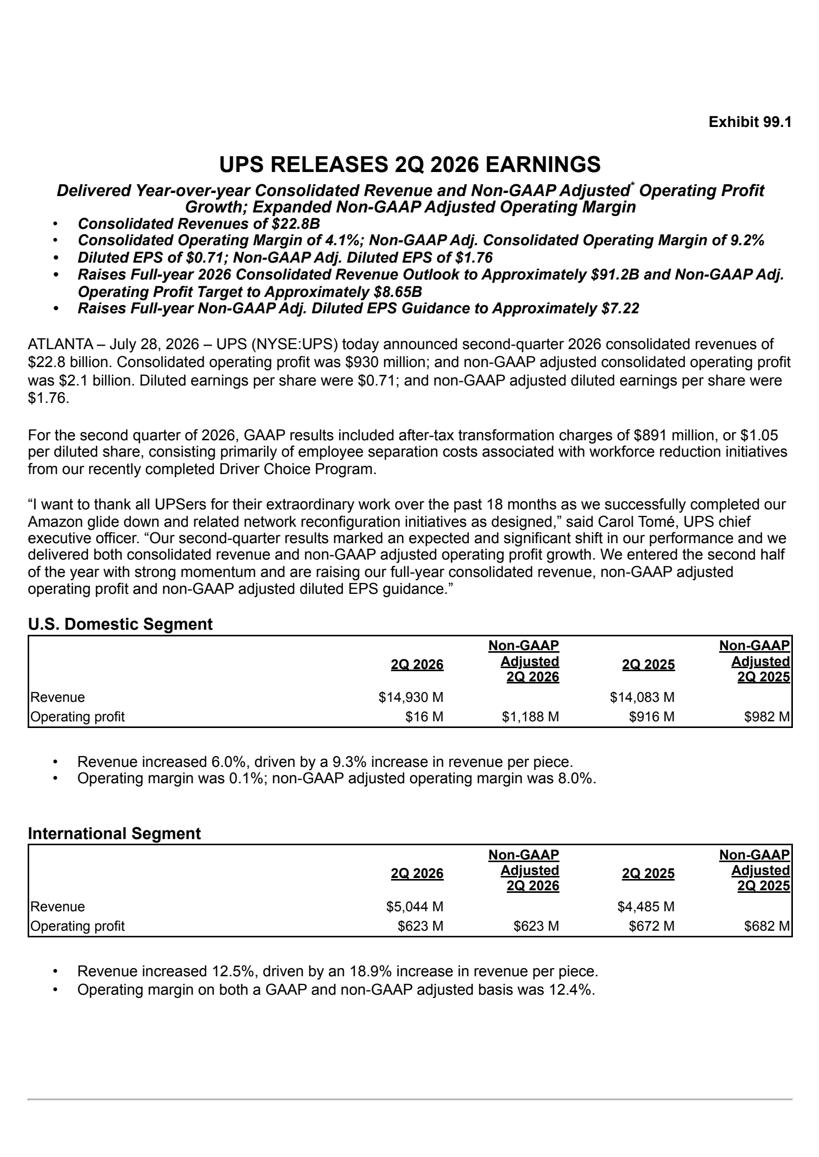 United Parcel Service's Q2 2026 Press Release