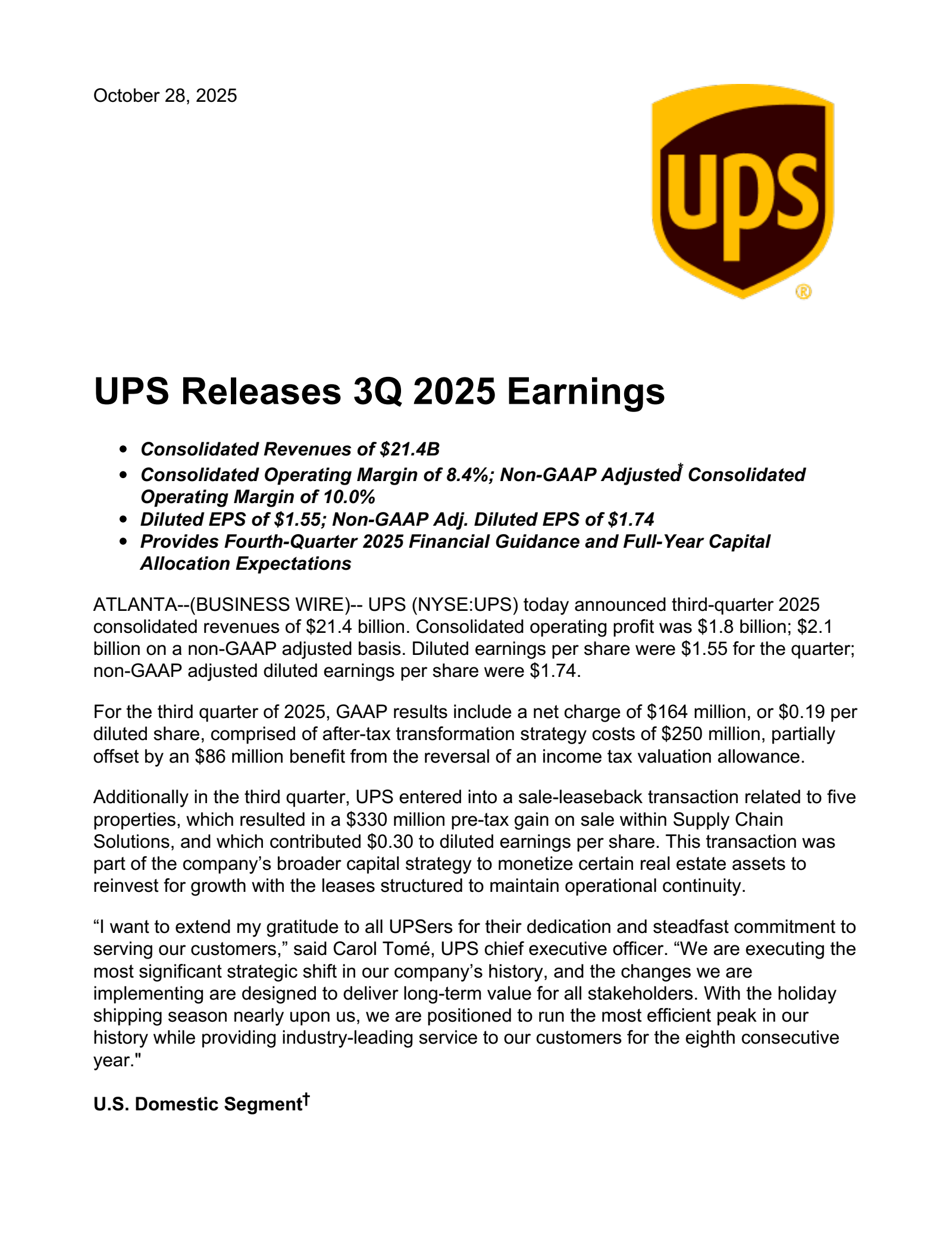 United Parcel Service's Q3 2025 Earnings Release