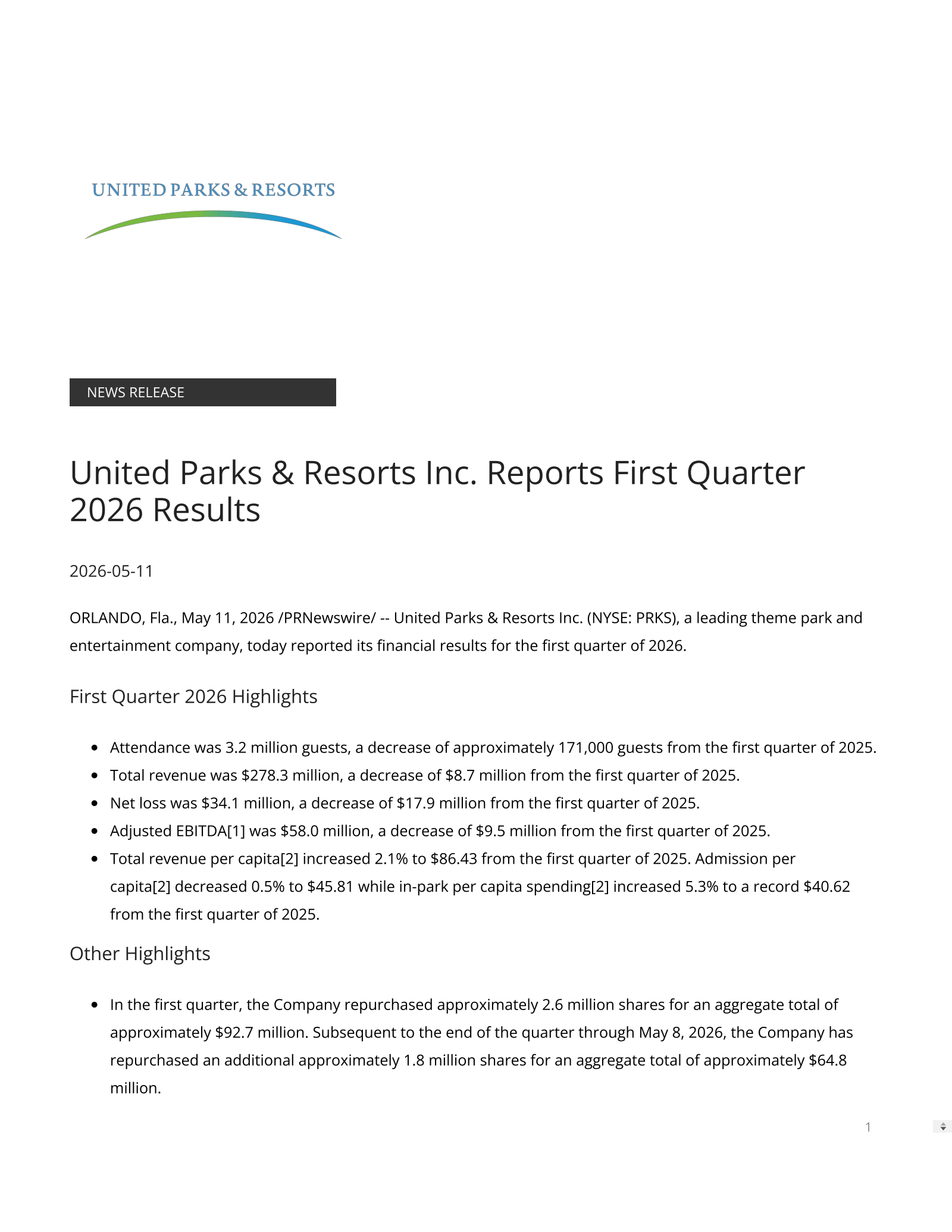 United Parks & Resorts' Q1 2026 Press Release