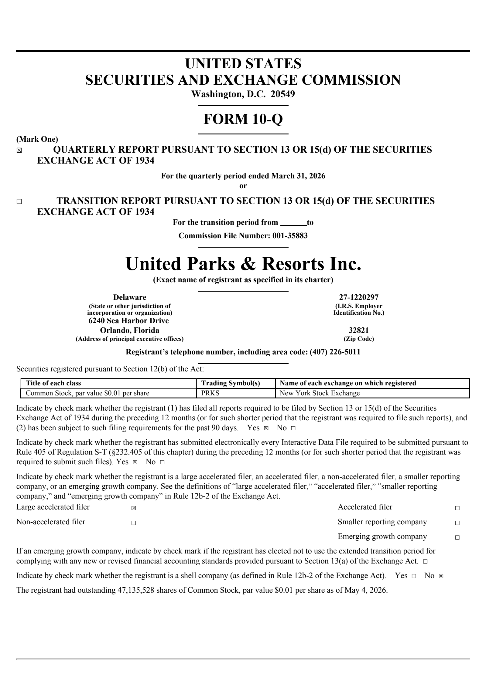 United Parks & Resorts' Q1 2026 Quarterly report