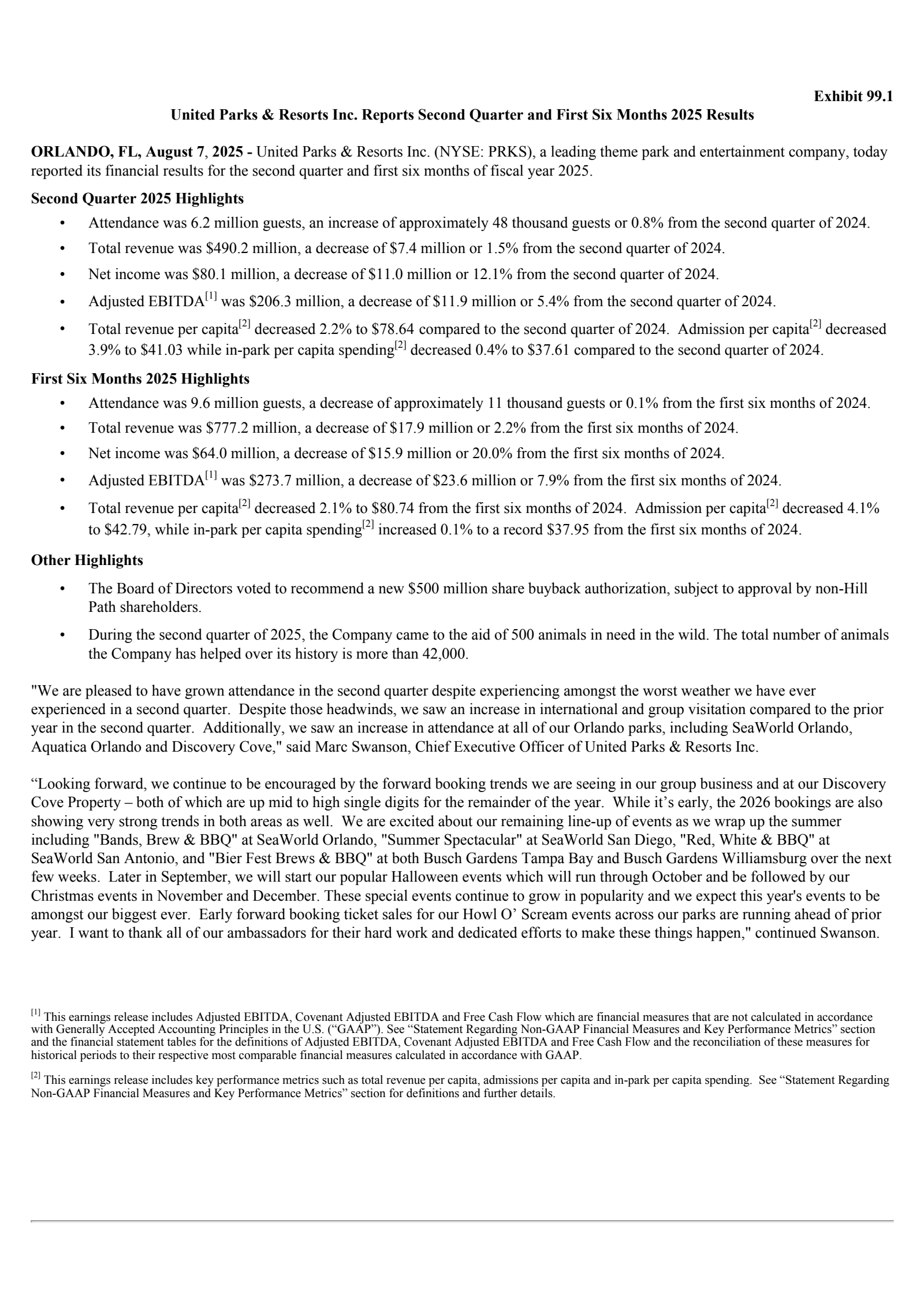 United Parks & Resorts' Q2 2025 Press Release