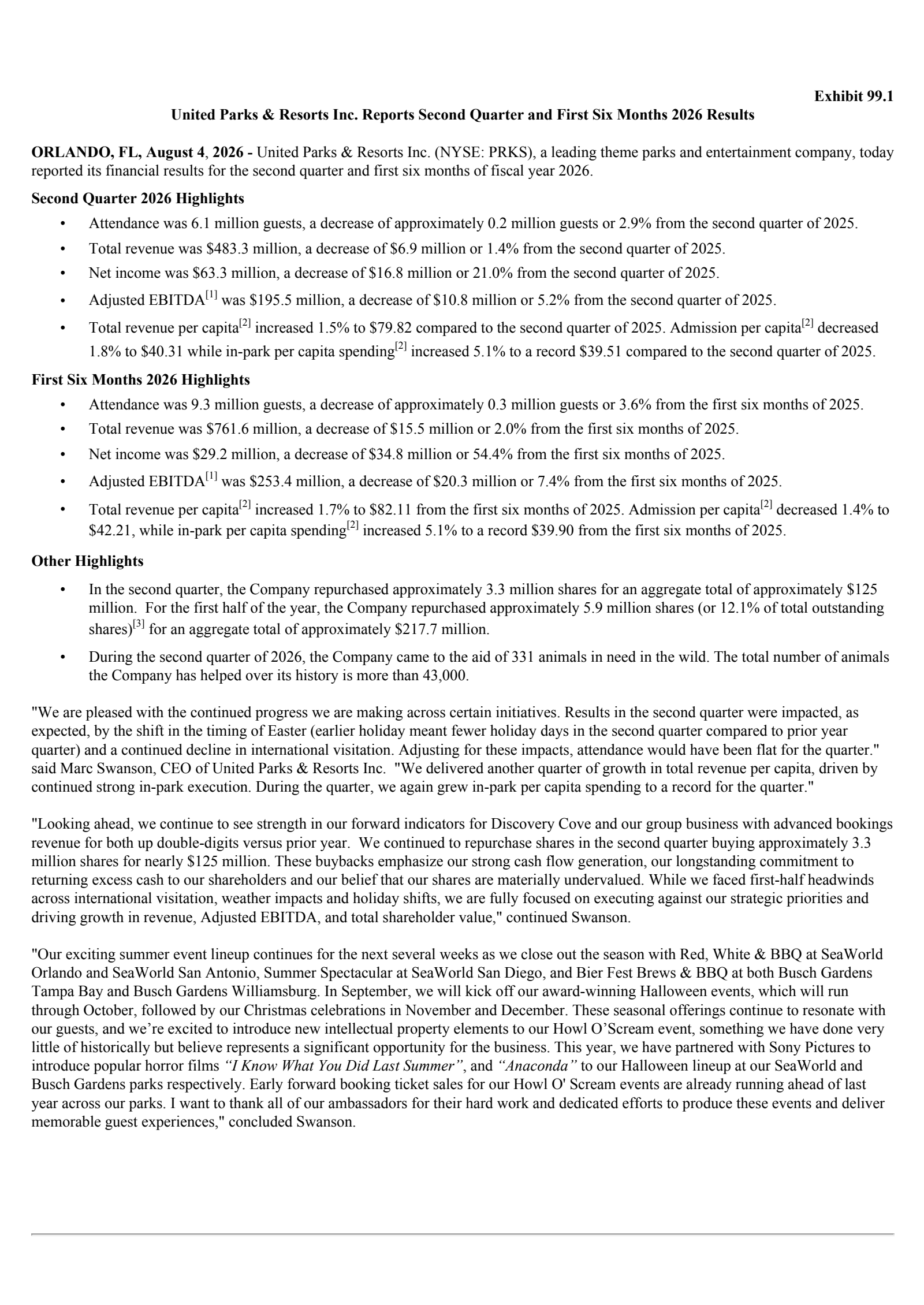 United Parks & Resorts' Q2 2026 Press Release