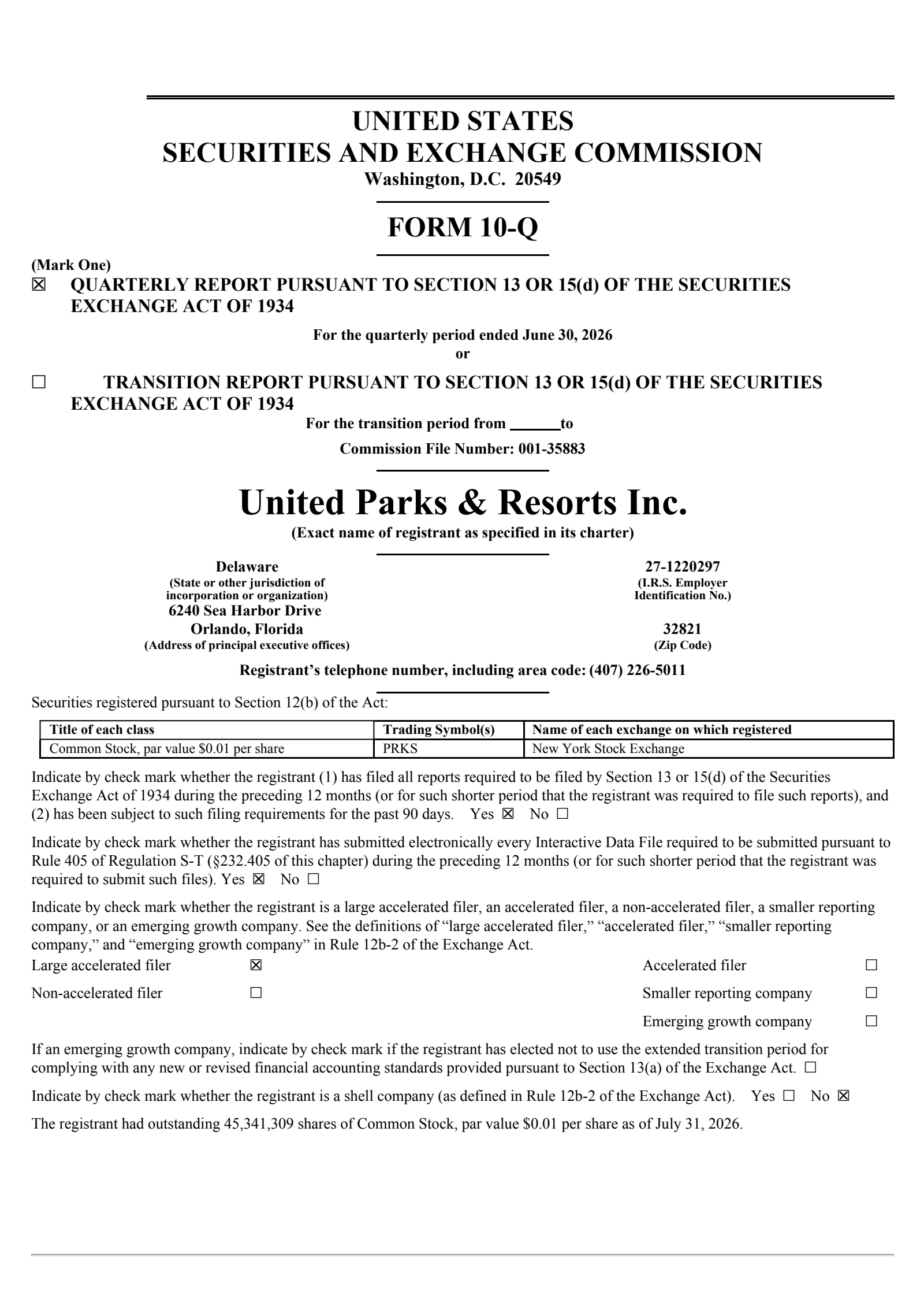 United Parks & Resorts' Q2 2026 Quarterly report