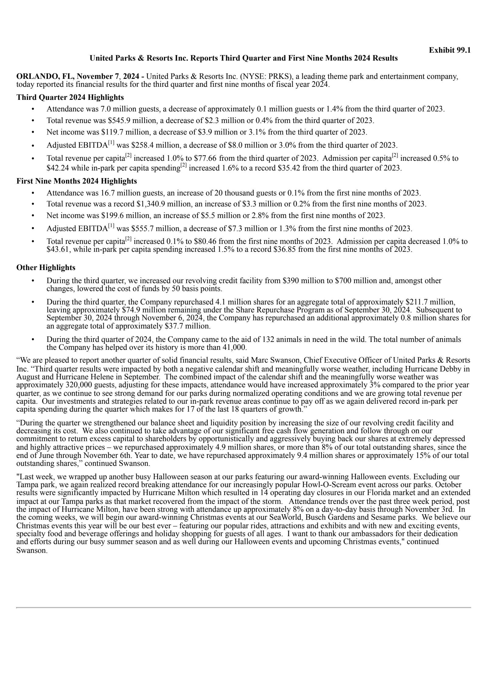 United Parks & Resorts' Q3 2024 Press Release